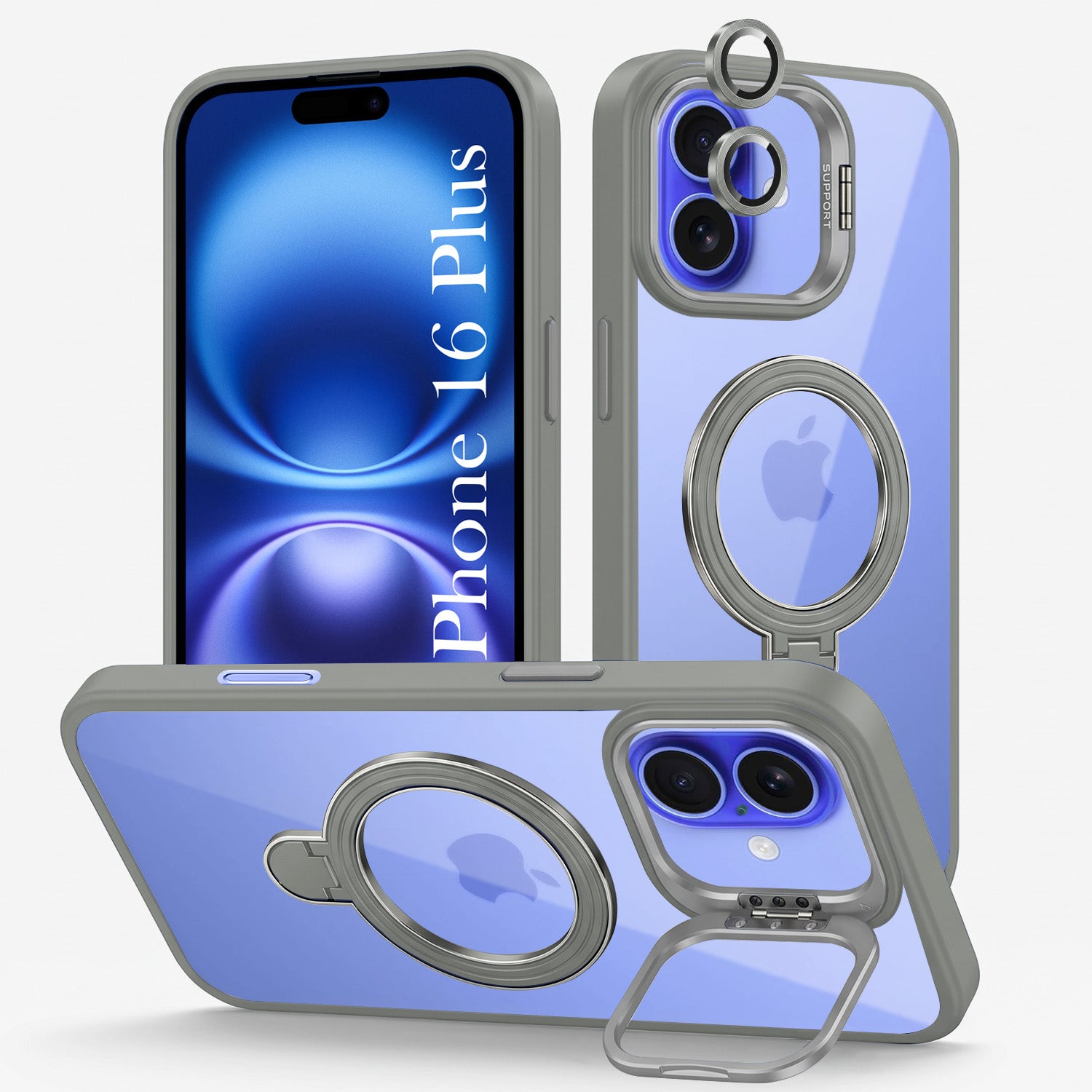 For Apple iPhone 16 Plus Back Cover Case Crystal (Lifetime Anti Yellow | Magnetic Ring Stand | Camera Lens Protection | MagSafe Compatible)