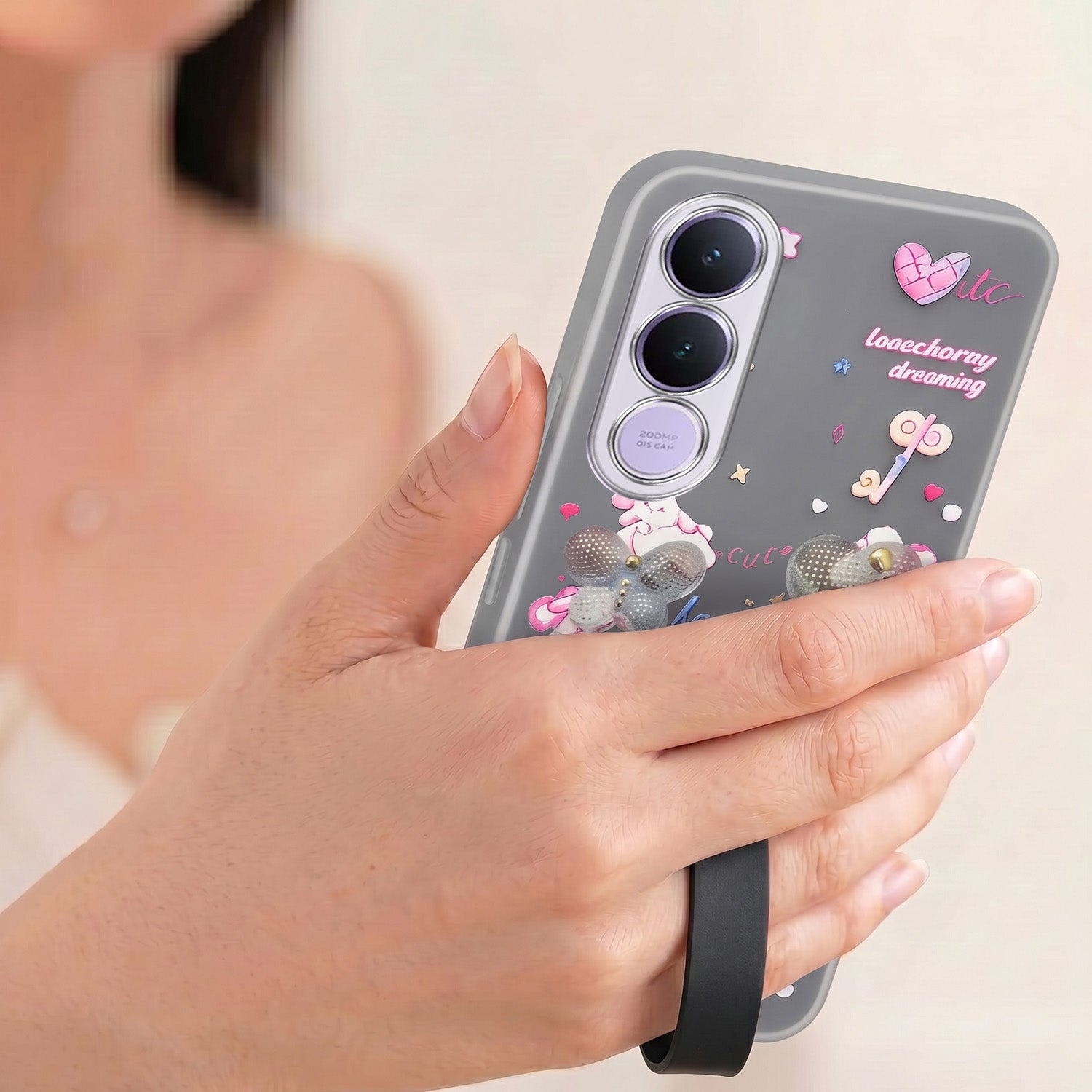 For Vivo V70 FE 5G Back Cover Case (3D Cute Heart Strap Holder | Camera Protection | Designer Girls Print)
