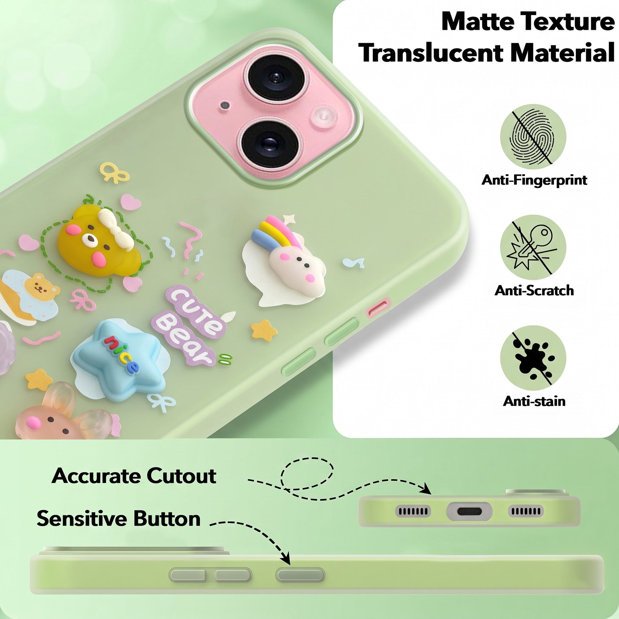 For Apple iPhone 15 Back Cover Case (3D Cute Cartoons | Hard Back Side Soft | Matte Premium Finish | HD Printing)