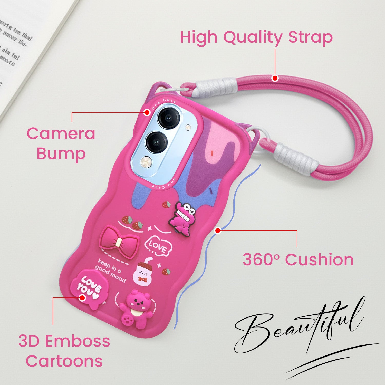For Vivo iQOO Z10 Lite Back Case Cover Strap (3D Embossed Figures | Strap Holder | 360* Soft Cushion with Camera Bump)