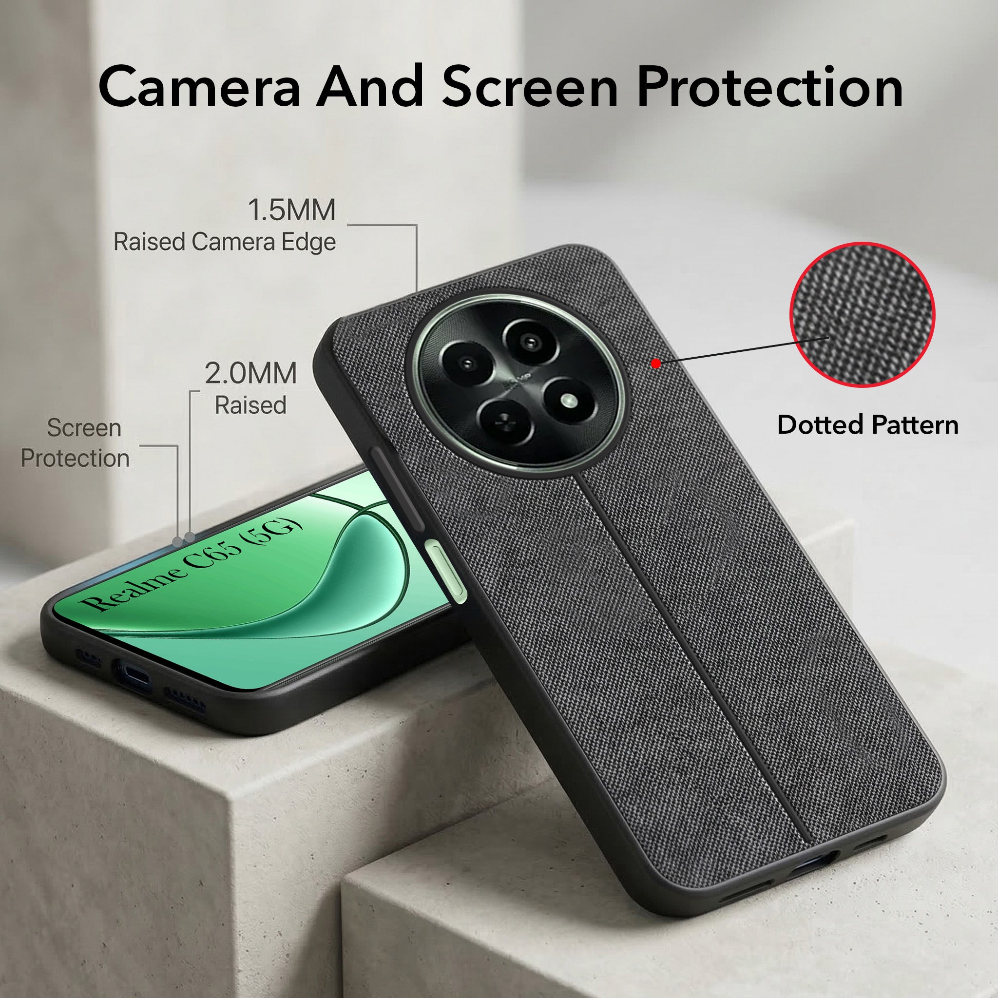 For Realme C65 5G Combo with Back Cover and 9H Tempered Glass (Textured Grip Design | Micro-Fiber Cloth Inside | Oleophobic Coating Screen Glass)