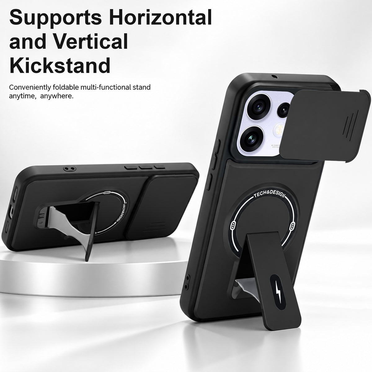 For Oppo Reno 16 Power Back Case Cover Metallic (Hybrid Armor Kickstand | Sliding Shutter Camera Protection | MagSafe Compatible)