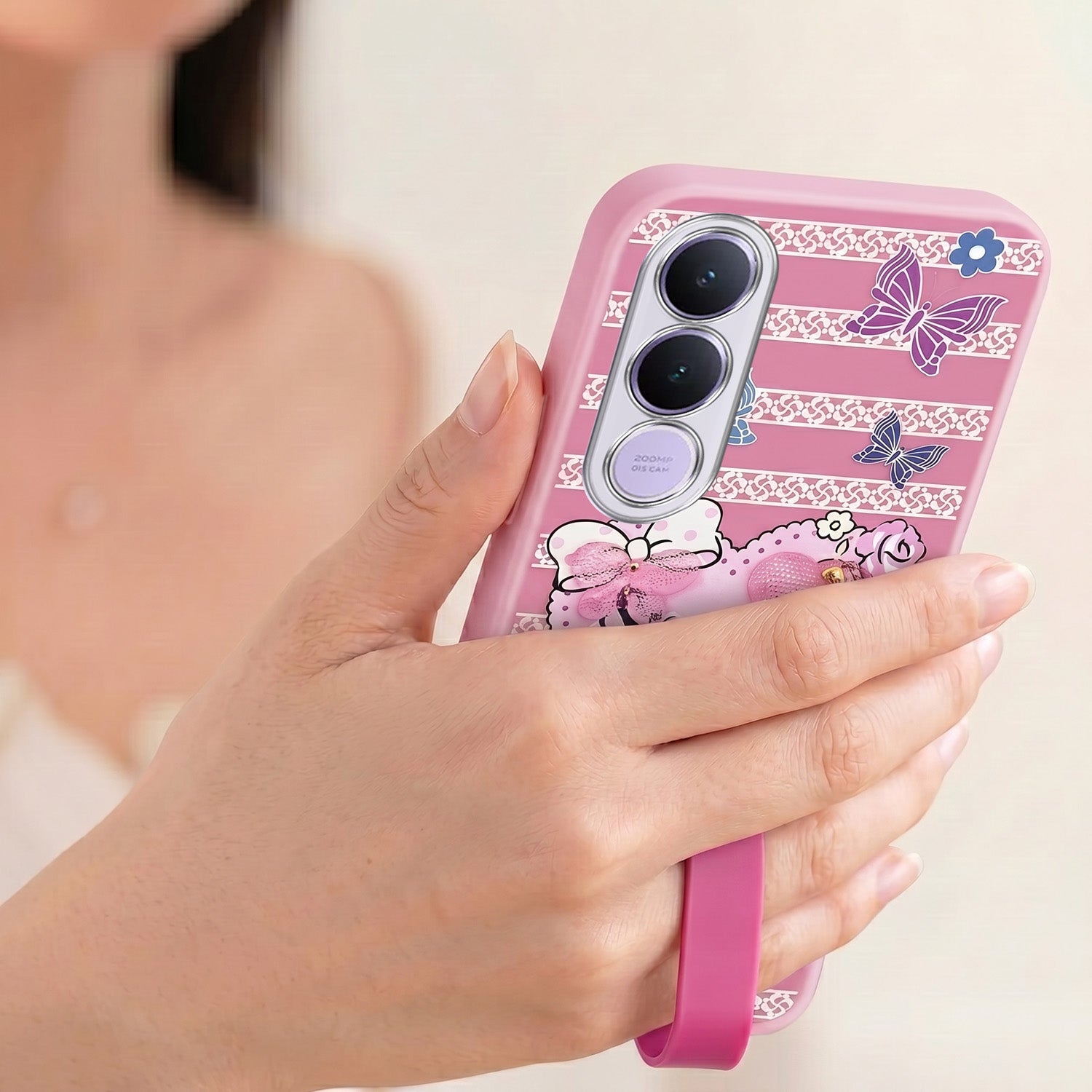 For Vivo V70 FE 5G Back Cover Case (3D Cute Heart Strap Holder | Camera Protection | Designer Girls Print)