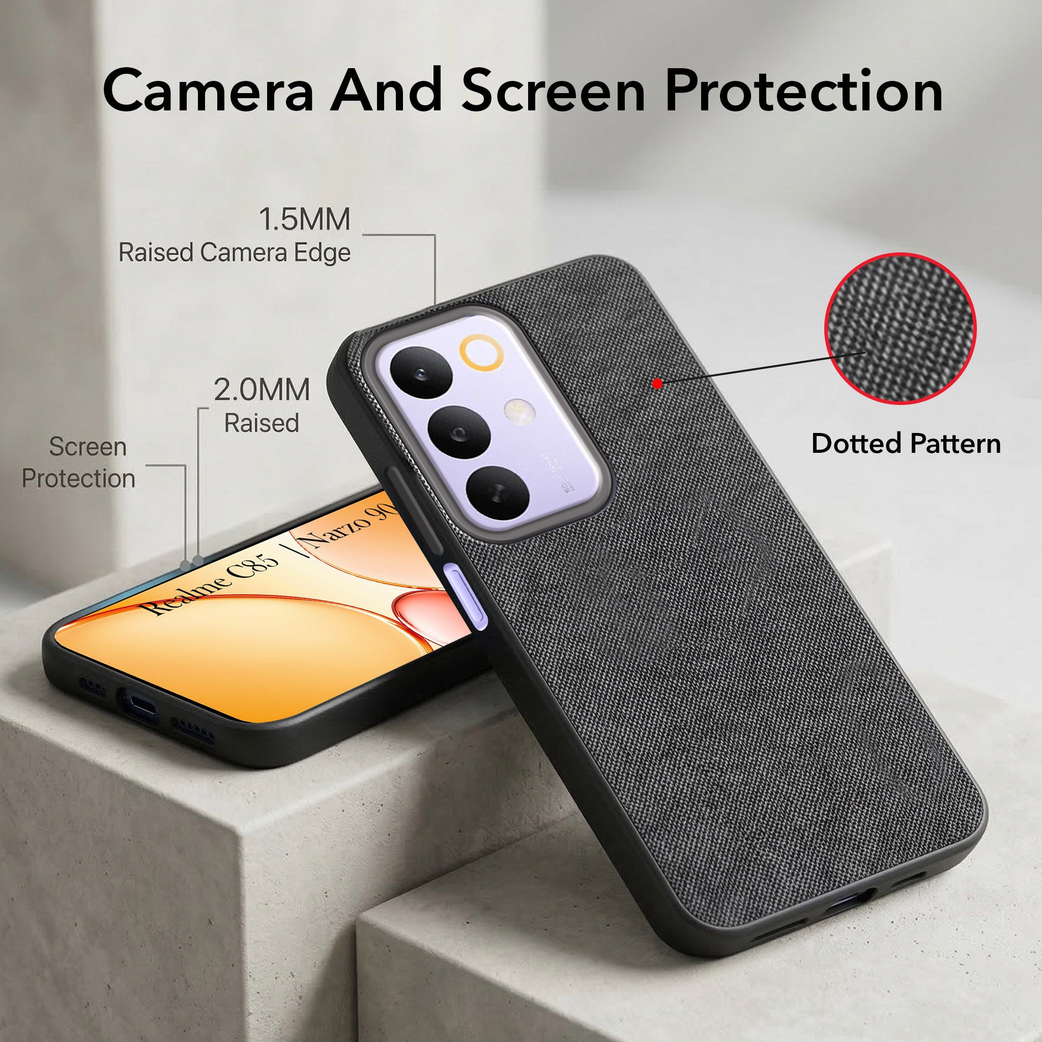 For Realme C85 5G | Realme Narzo 90x Combo with Back Cover and 9H Tempered Glass (Textured Grip Design | Micro-Fiber Cloth Inside | Oleophobic Coating Screen Glass)