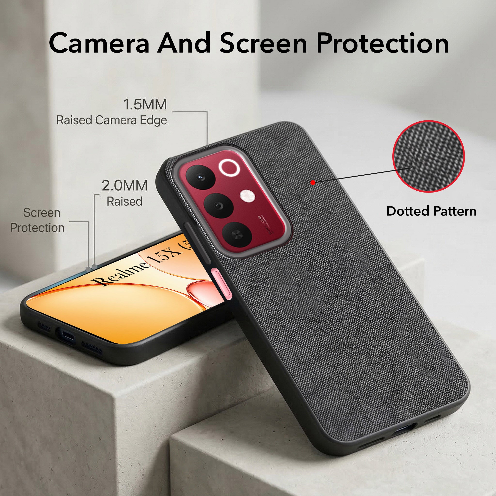 For Realme 15X Combo with Back Cover and 9H Tempered Glass (Textured Grip Design | Micro-Fiber Cloth Inside | Oleophobic Coating Screen Glass)