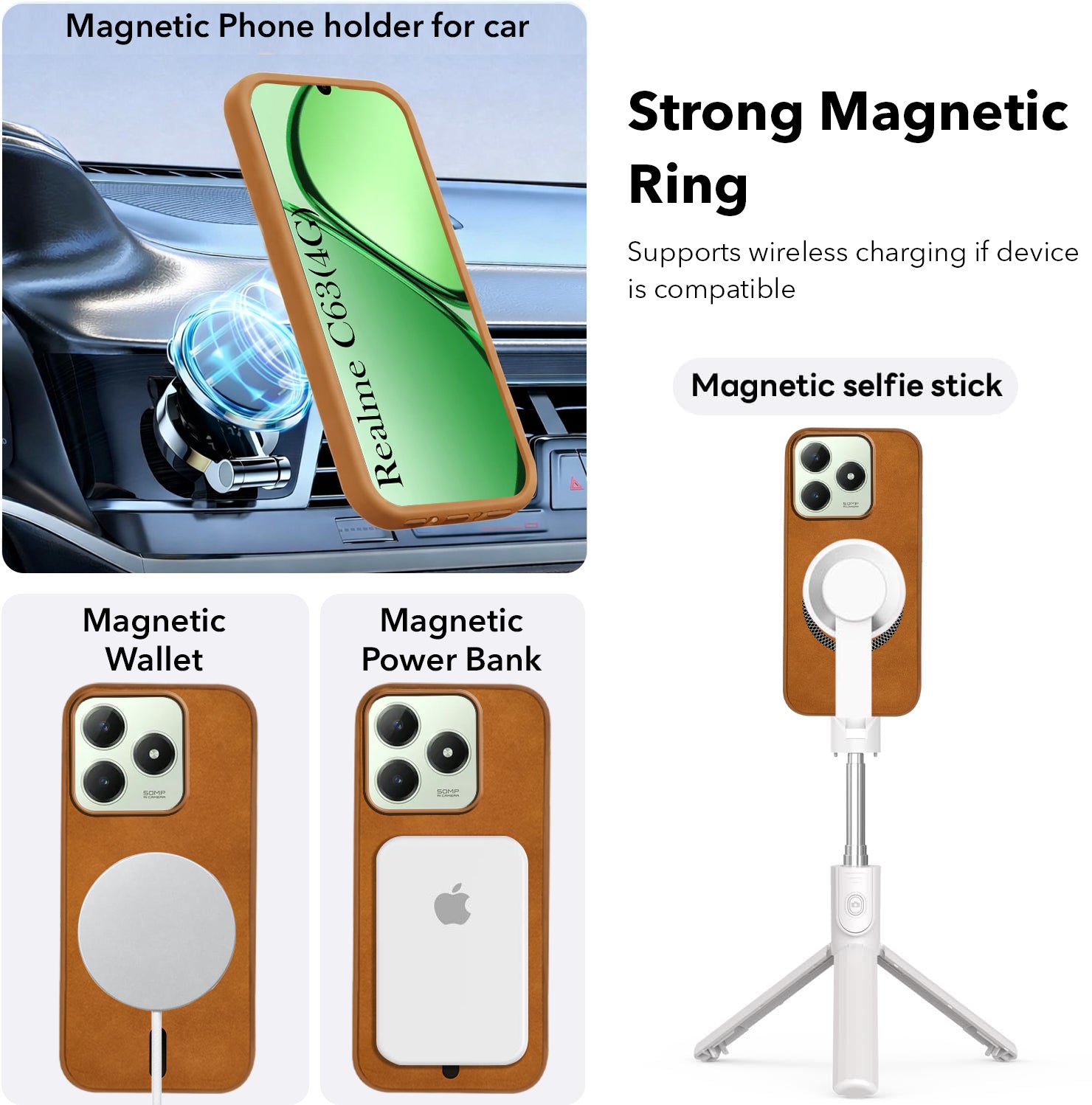 For Realme C63 4G Back Cover Case Leather Finish (MagSafe Compatible Wireless Charging | Soft Touch | Camera Bump Protection)