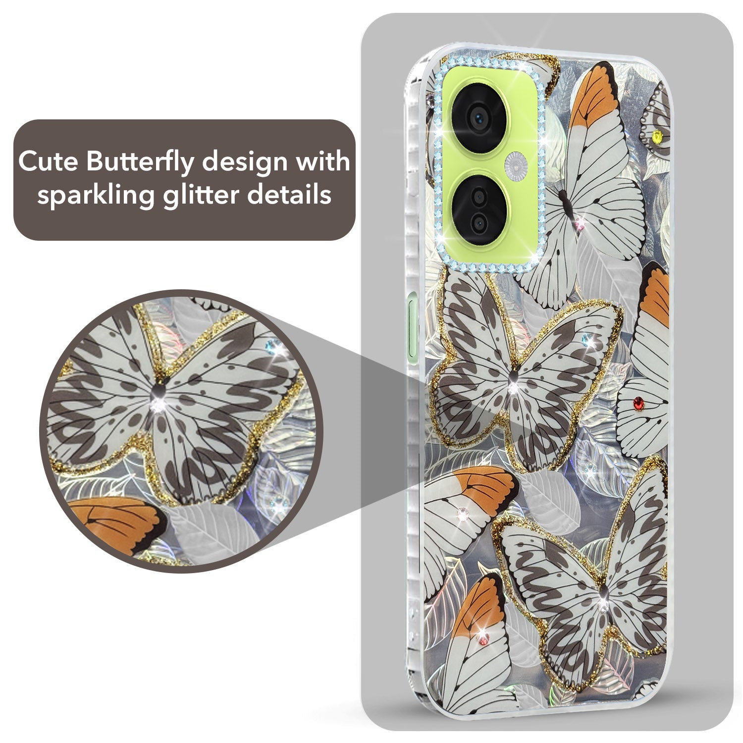 For OnePlus Nord CE 3 Lite Back Cover Case (Luxury Floral Glitter Cute Butterfly | Diamond Studded Camera Bump | Girls & Women Design)