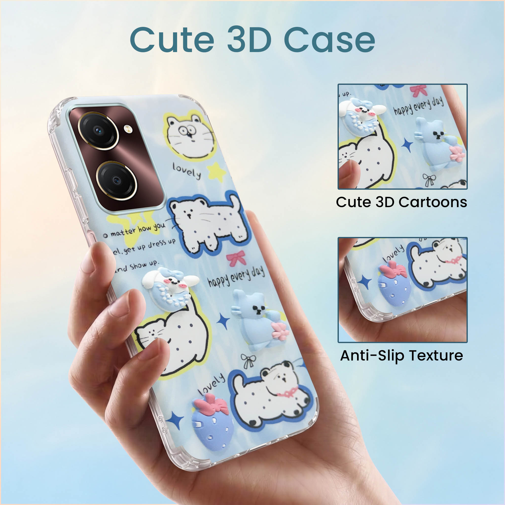 For Vivo iQOO Z9 Lite 5G Back Cover Case (3D Cute Cartoons | Hard Back Side Soft | Matte Premium Finish | HD Printing)