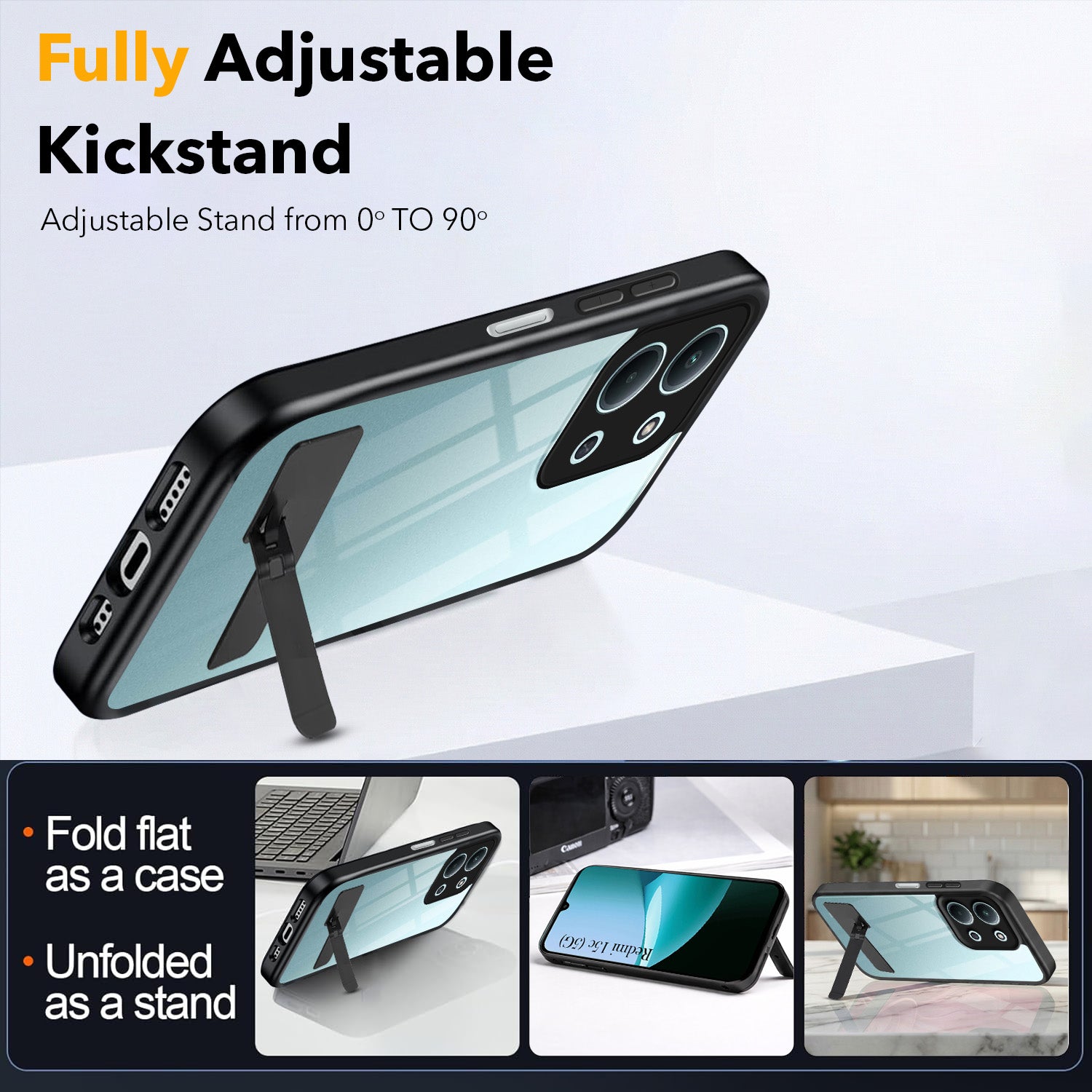 For Redmi 15C Back Cover Case (Built-in Stand | Lifetime Anti Yellow | Kickstand Shockproof | Camera Protection | MagSafe Compatible)