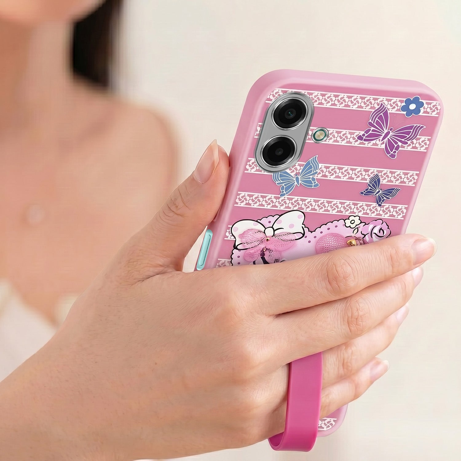 For Samsung Galaxy A07 5G | F70e 5G Back Cover Case (3D Cute Heart Strap Holder | Camera Protection | Designer Girls Print)