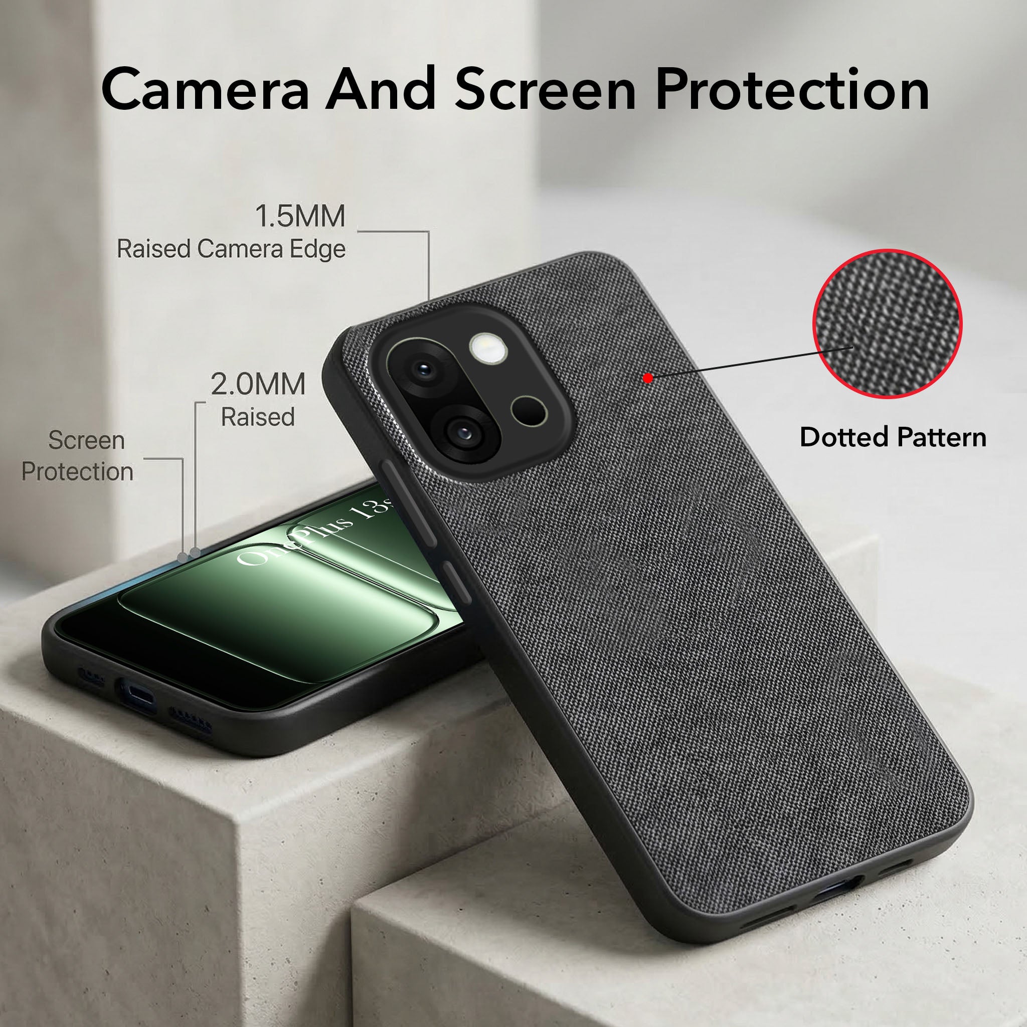 For OnePlus 13S Combo with Back Cover and 9H Tempered Glass (Textured Grip Design | Micro-Fiber Cloth Inside | Oleophobic Coating Screen Glass)
