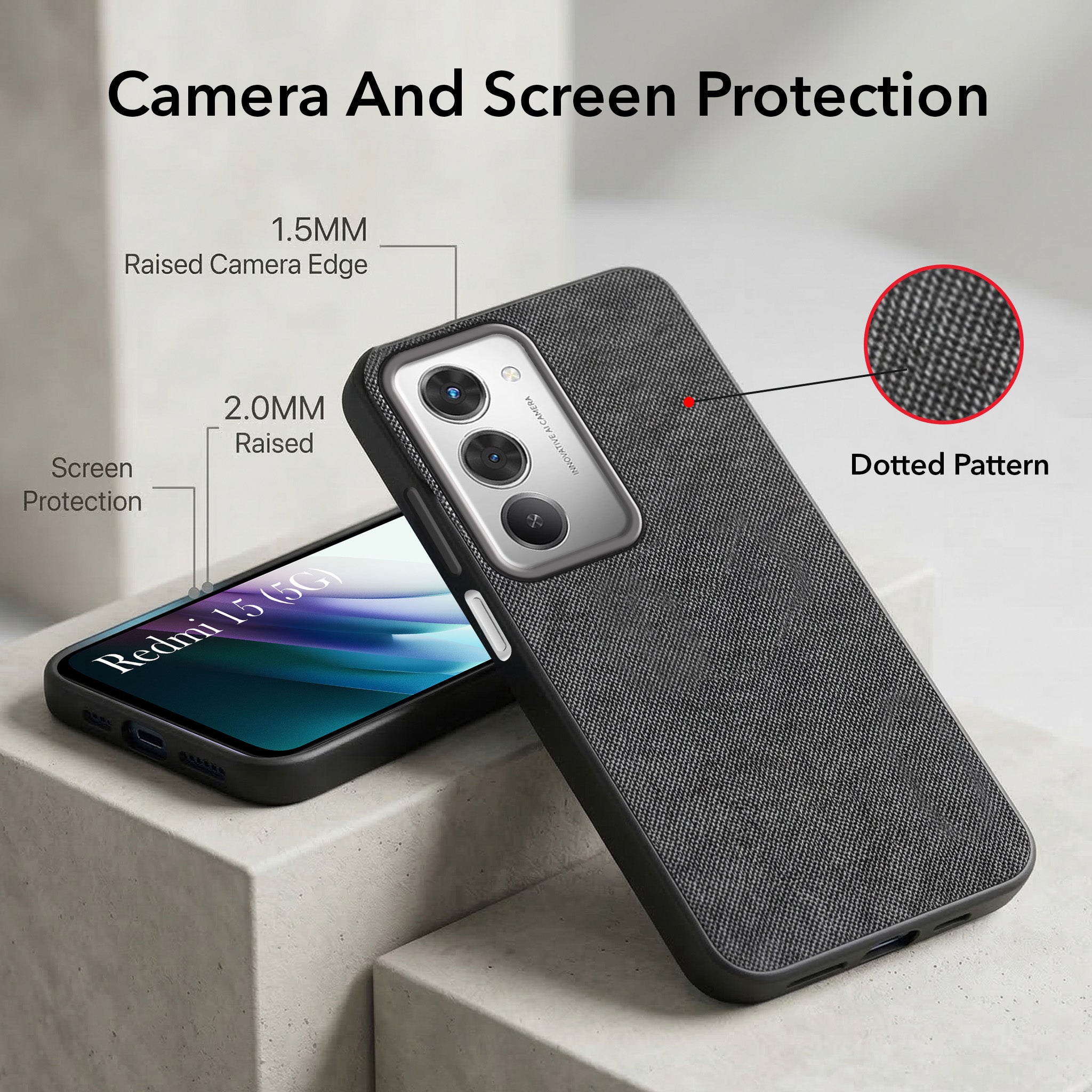 For Redmi 15 Combo with Back Cover and 9H Tempered Glass (Textured Grip Design | Micro-Fiber Cloth Inside | Oleophobic Coating Screen Glass)