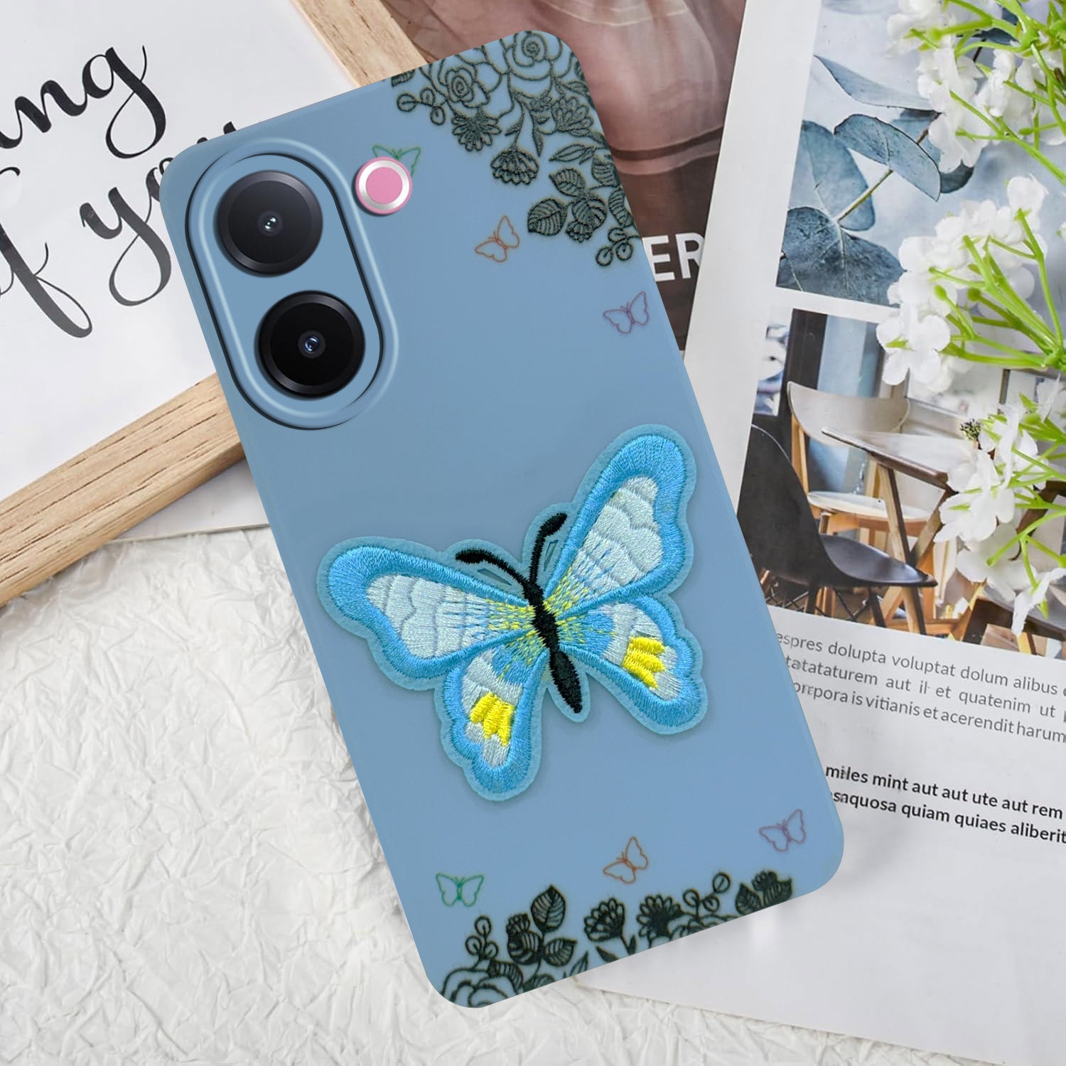 For Vivo V60e Back Cover Case (SoFt Butter Fly Embroidery | Women Teen Girls | Camera Protection| Matte Silicone)