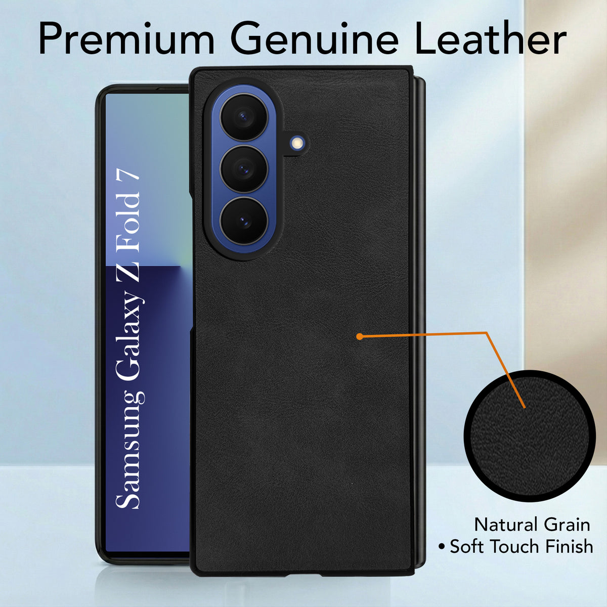 For Samsung Galaxy Z Fold 7 Back Case Cover Premium Genuine Leather (Integrated Front Screen Protector | Inside Microfiber Cloth)