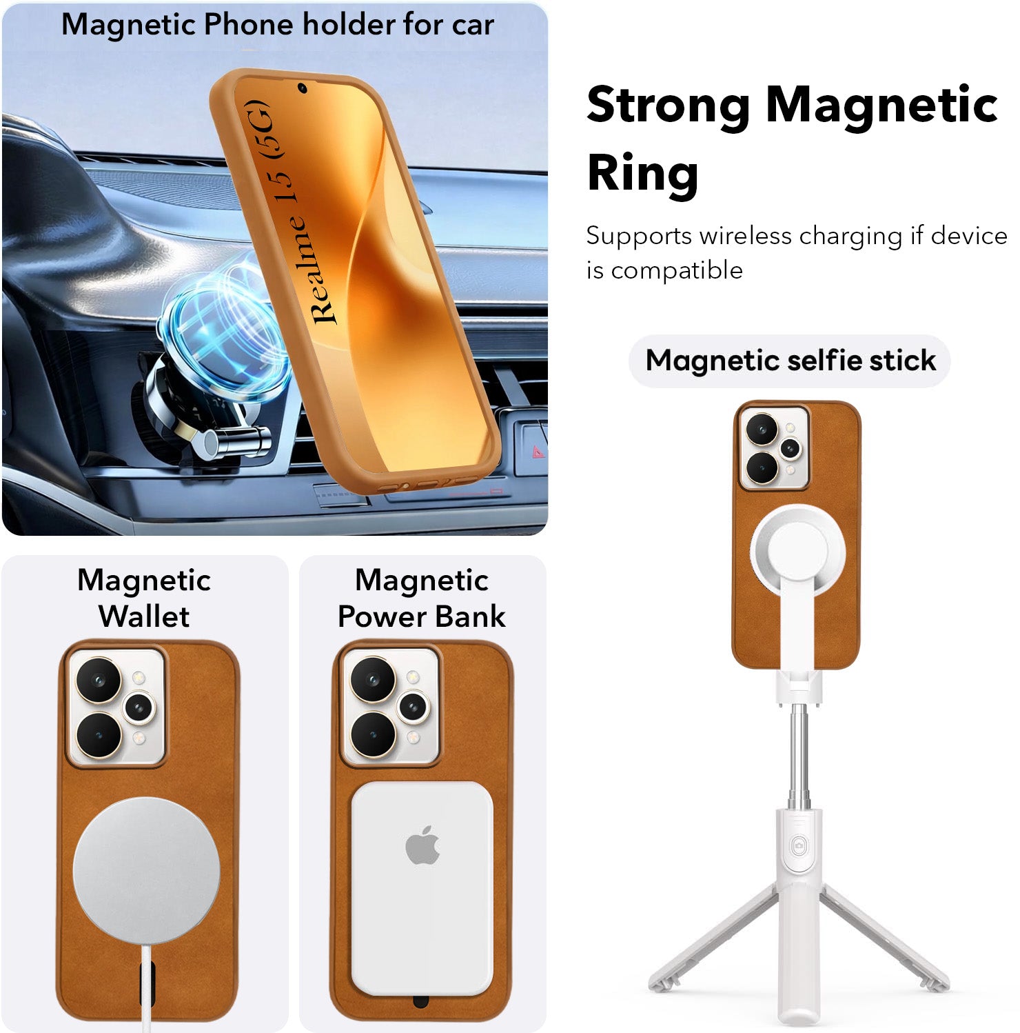 For Realme 15 Back Cover Case Leather Finish (MagSafe Compatible Wireless Charging | Soft Touch | Camera Bump Protection)