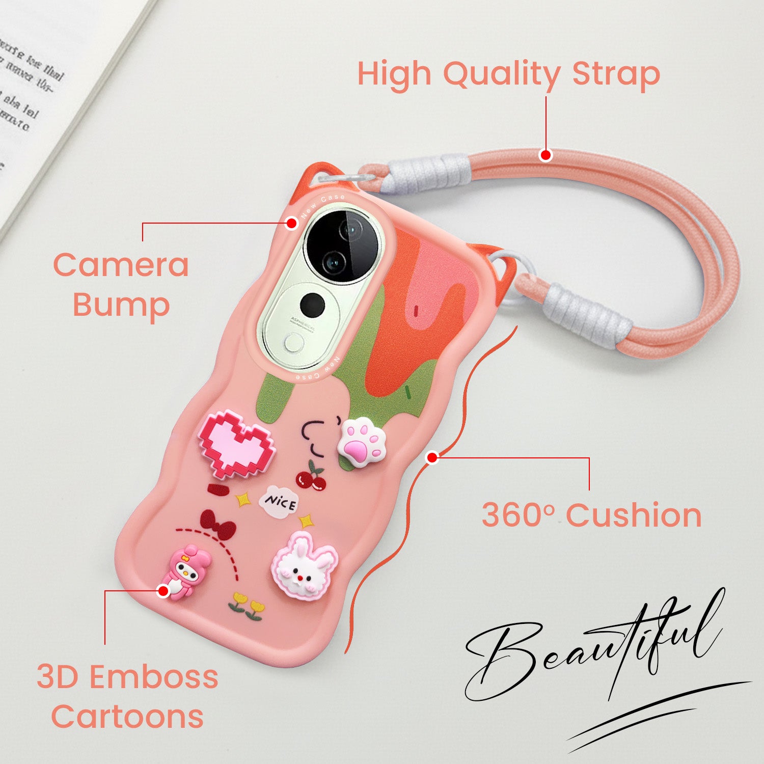 For Vivo T3 Ultra Back Case Cover Strap (3D embossed Figures | Strap Holder | 360* Soft Cushion with Camera Bump)