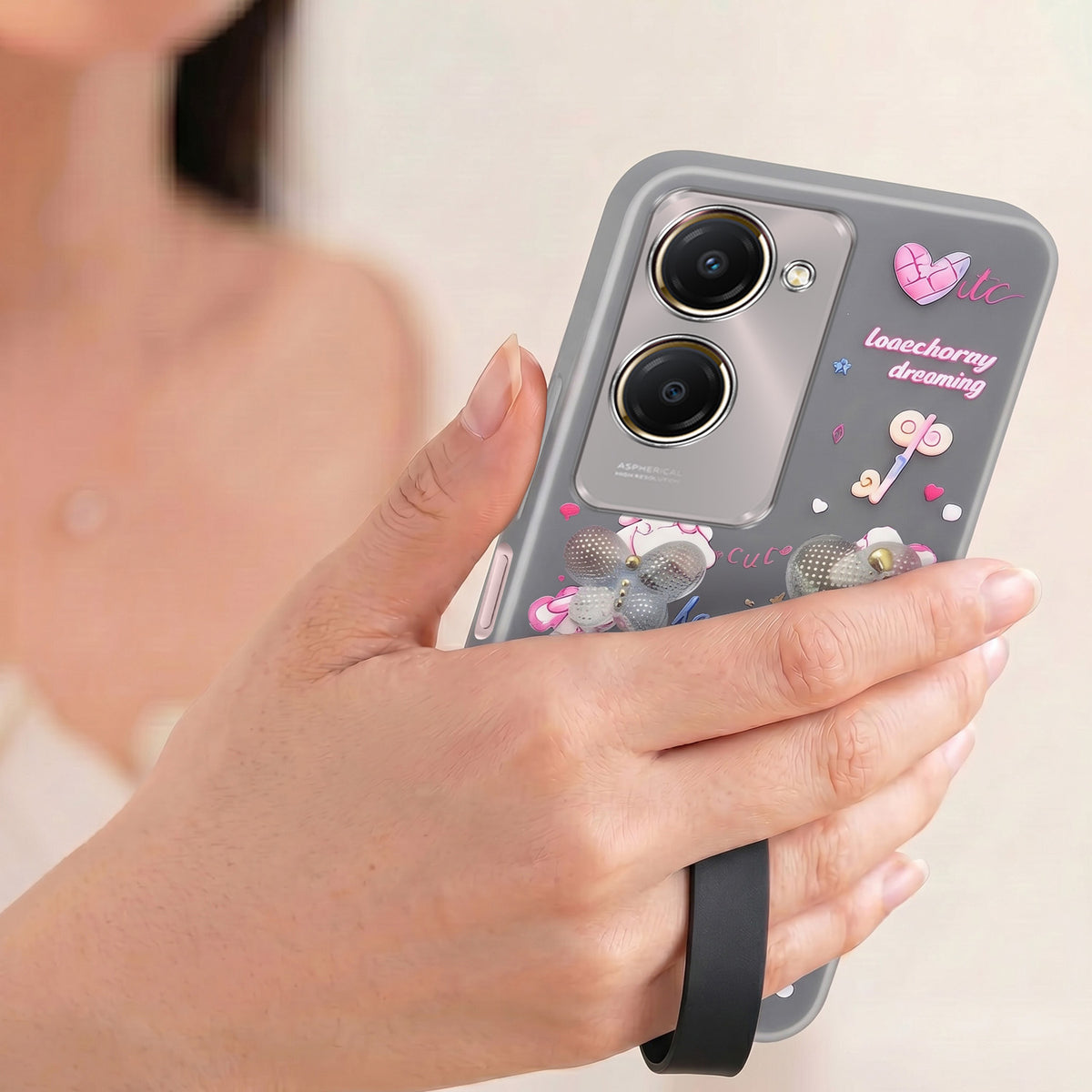 For Vivo Y28s 5G | Vivo T3 Lite 5G Back Cover Case (3D Cute Heart Strap Holder | Camera Protection | Designer Girls Print)