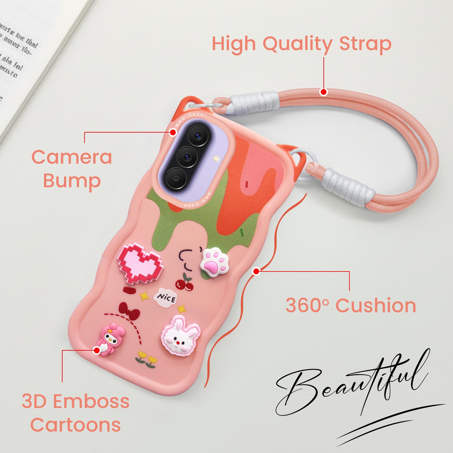 For Samsung Galaxy A57 5G Back Case Cover Strap (3D Embossed Figures | Strap Holder | 360* Soft Cushion with Camera Bump)