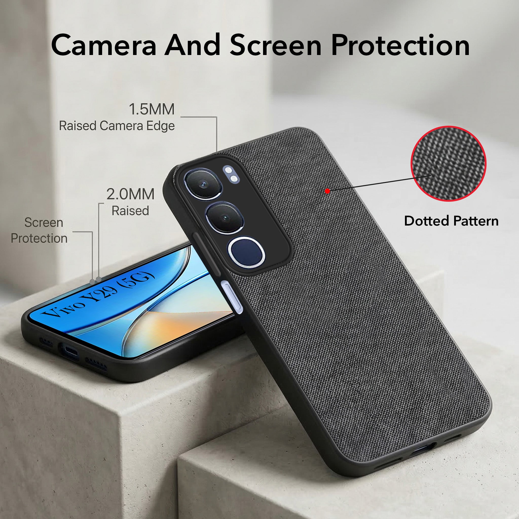 For Vivo Y29 Combo with Back Cover and 9H Tempered Glass (Textured Grip Design | Micro-Fiber Cloth Inside | Oleophobic Coating Screen Glass)