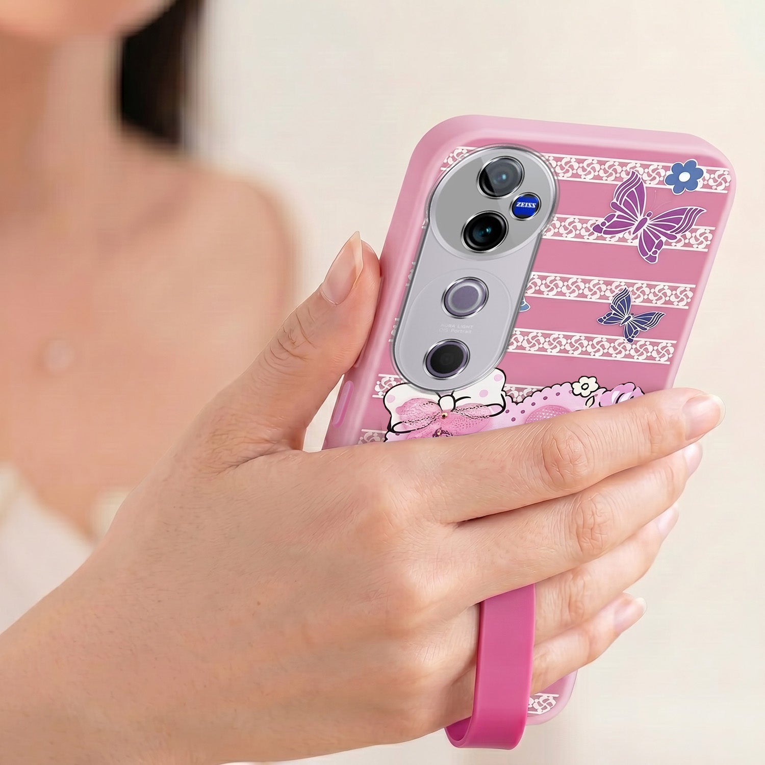 For Vivo V40 | Vivo V40 Pro 5G Back Cover Case (3D Cute Heart Strap Holder | Camera Protection | Designer Girls Print)