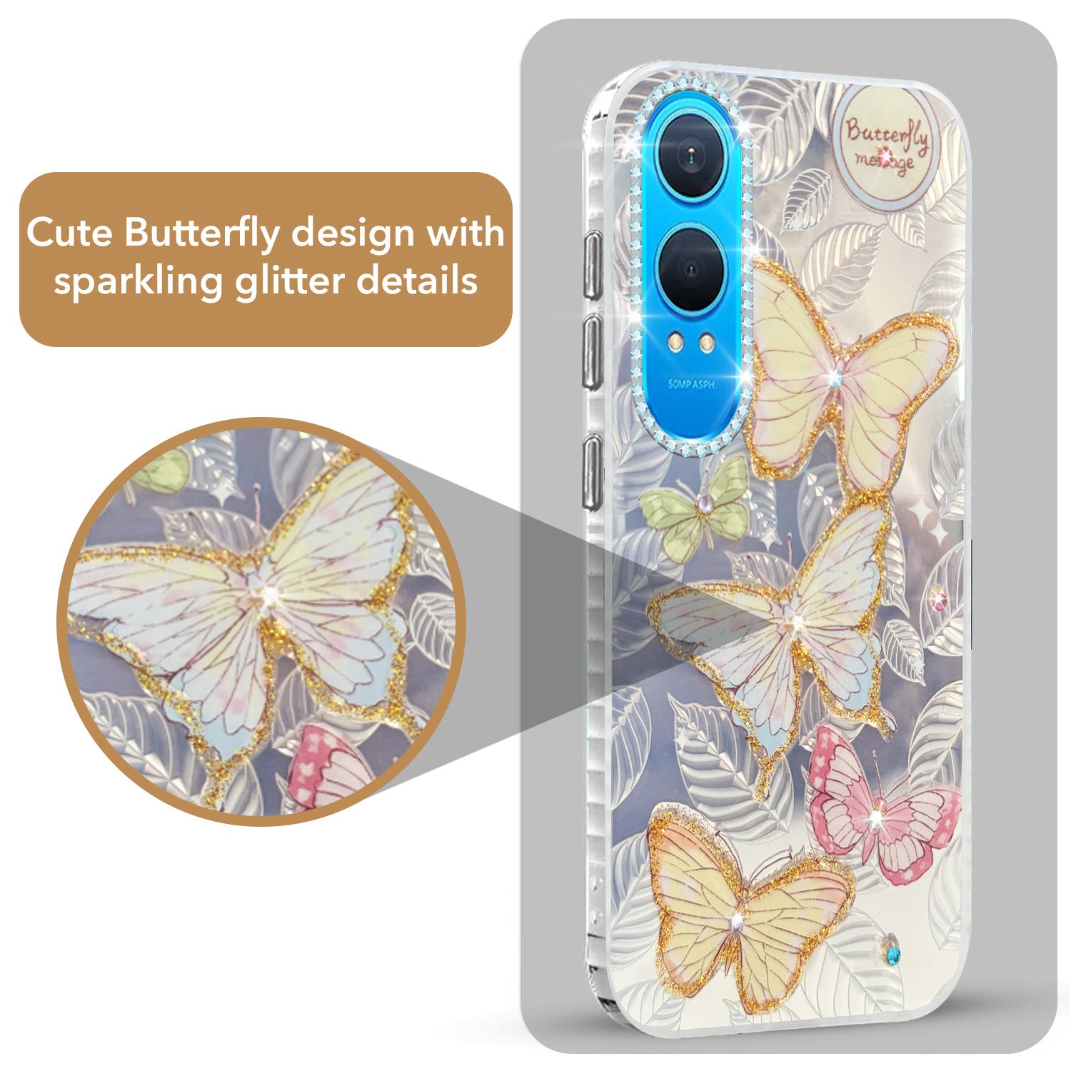 For OnePlus Nord CE 4 Lite Back Cover Case (Luxury Floral Glitter Cute Butterfly | Diamond Studded Camera Bump | Girls & Women Design)