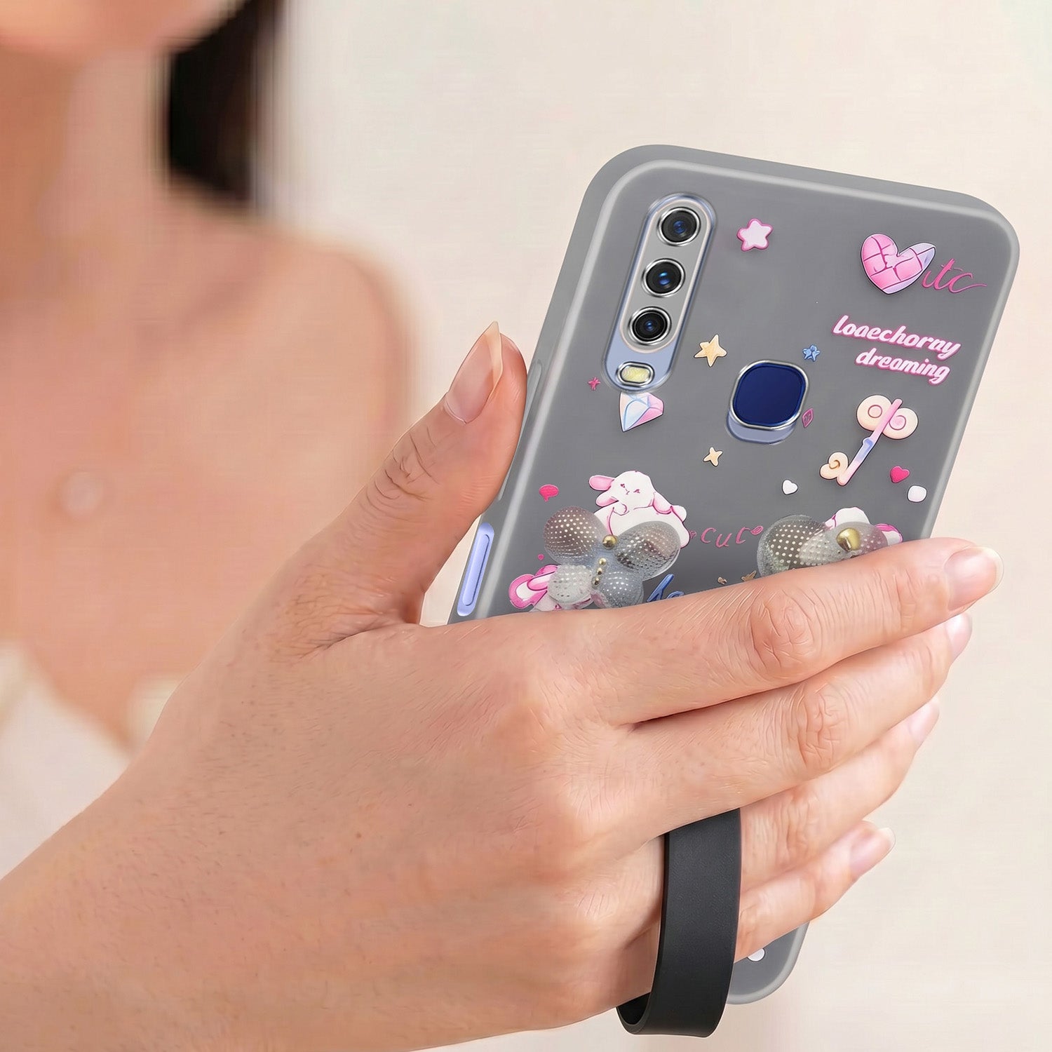 For Vivo Y12 | Y15 | Y17 Back Cover Case (3D Cute Heart Strap Holder | Camera Protection | Designer Girls Print)