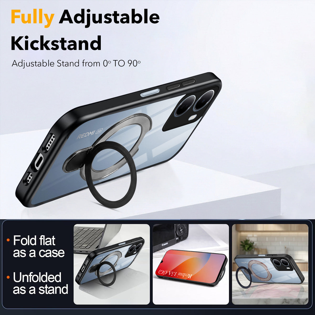 For Redmi 15A 5G Back Cover Case (Kick Stand Ring Holder | Life time Anti Yellow | Camera Protection)