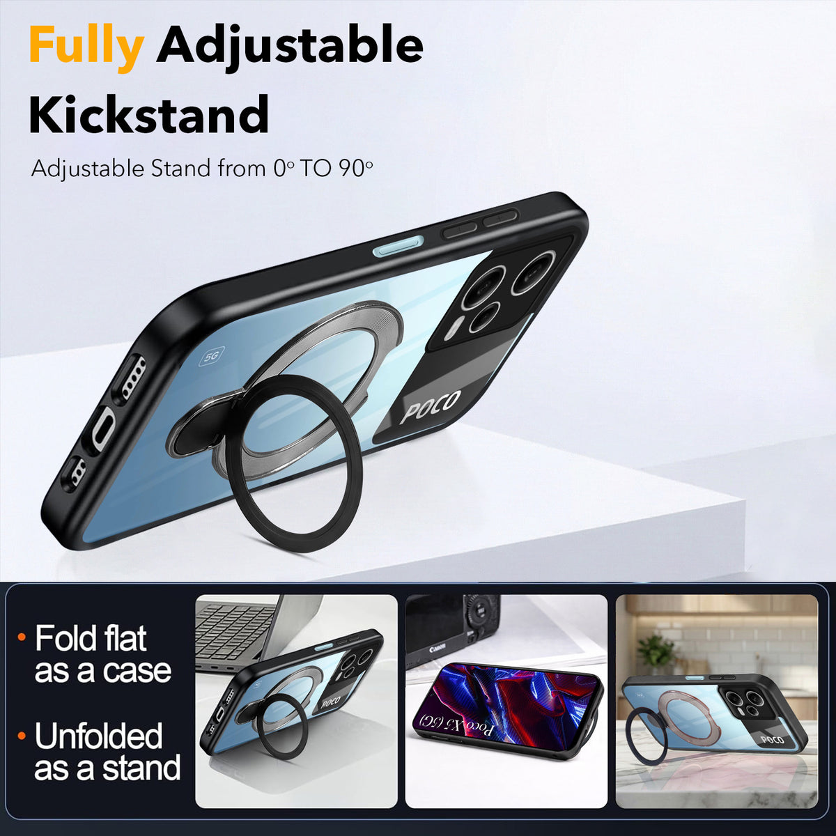For Xiaomi Poco X5 5G Back Cover Case (Kick Stand Ring Holder | Life time Anti Yellow | Camera Protection)
