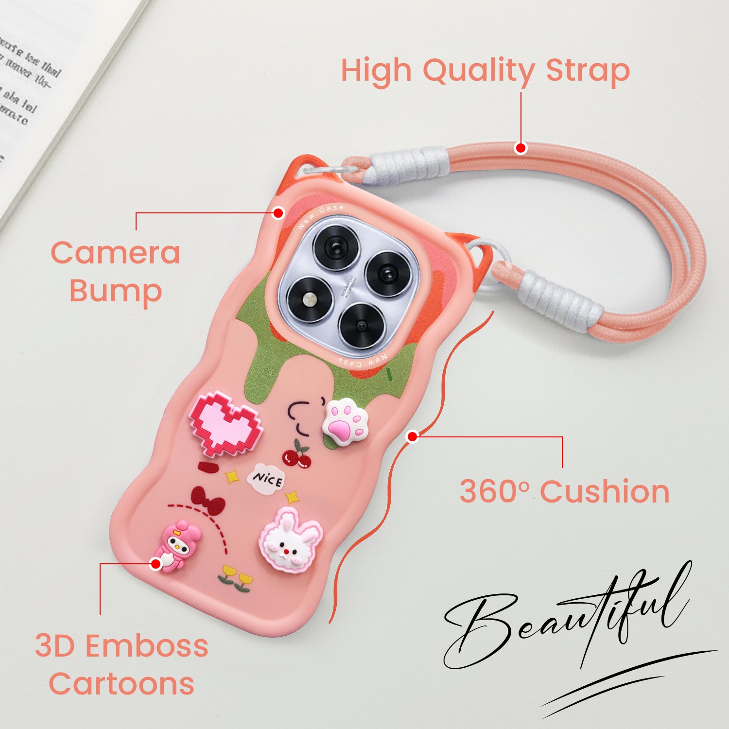 For Redmi Note 14 Pro Back Case Cover Strap (3D embossed Figures | Strap Holder | 360* Soft Cushion with Camera Bump)