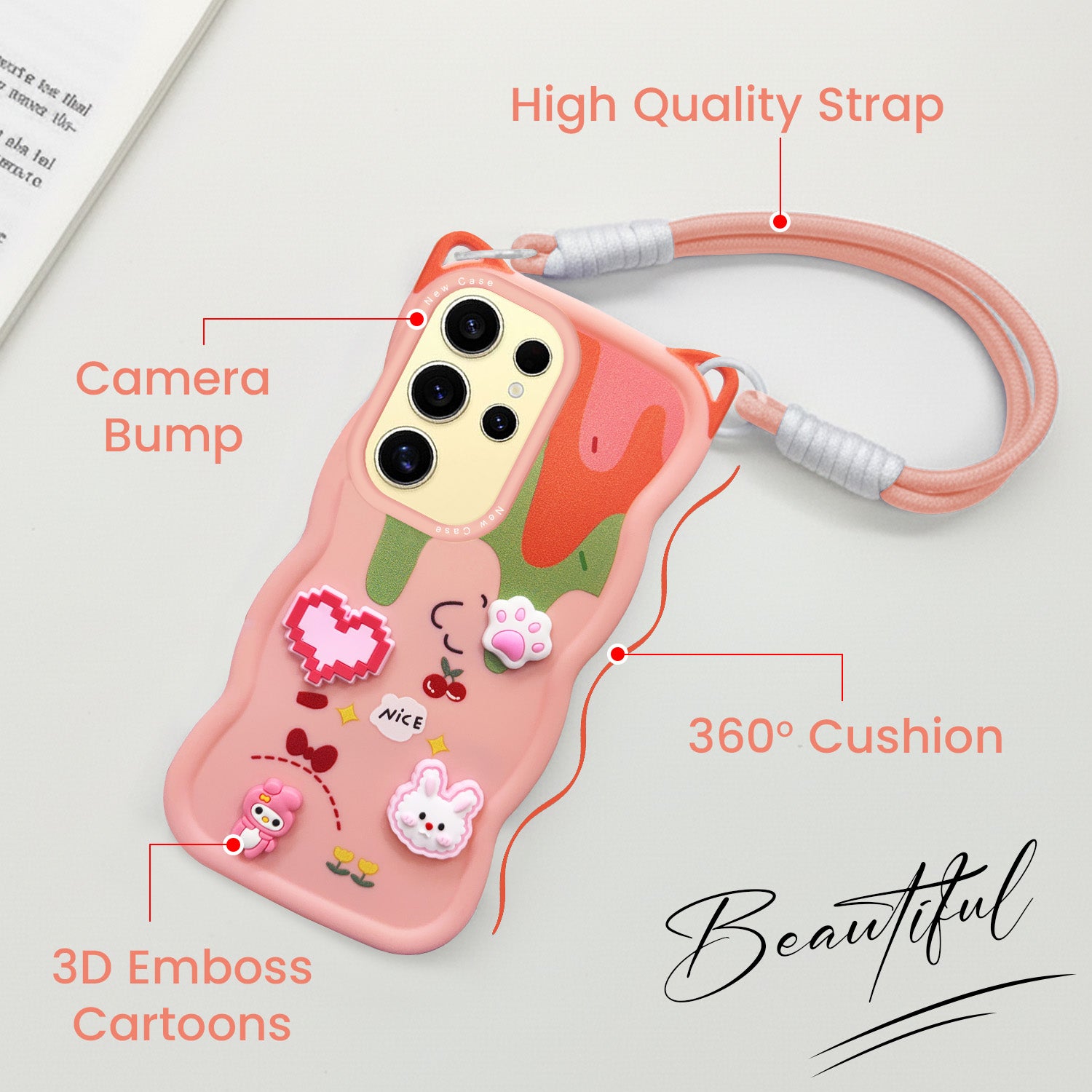For Samsung Galaxy S24 Ultra Back Case Cover Strap (3D embossed Figures | Strap Holder | 360* Soft Cushion with Camera Bump)