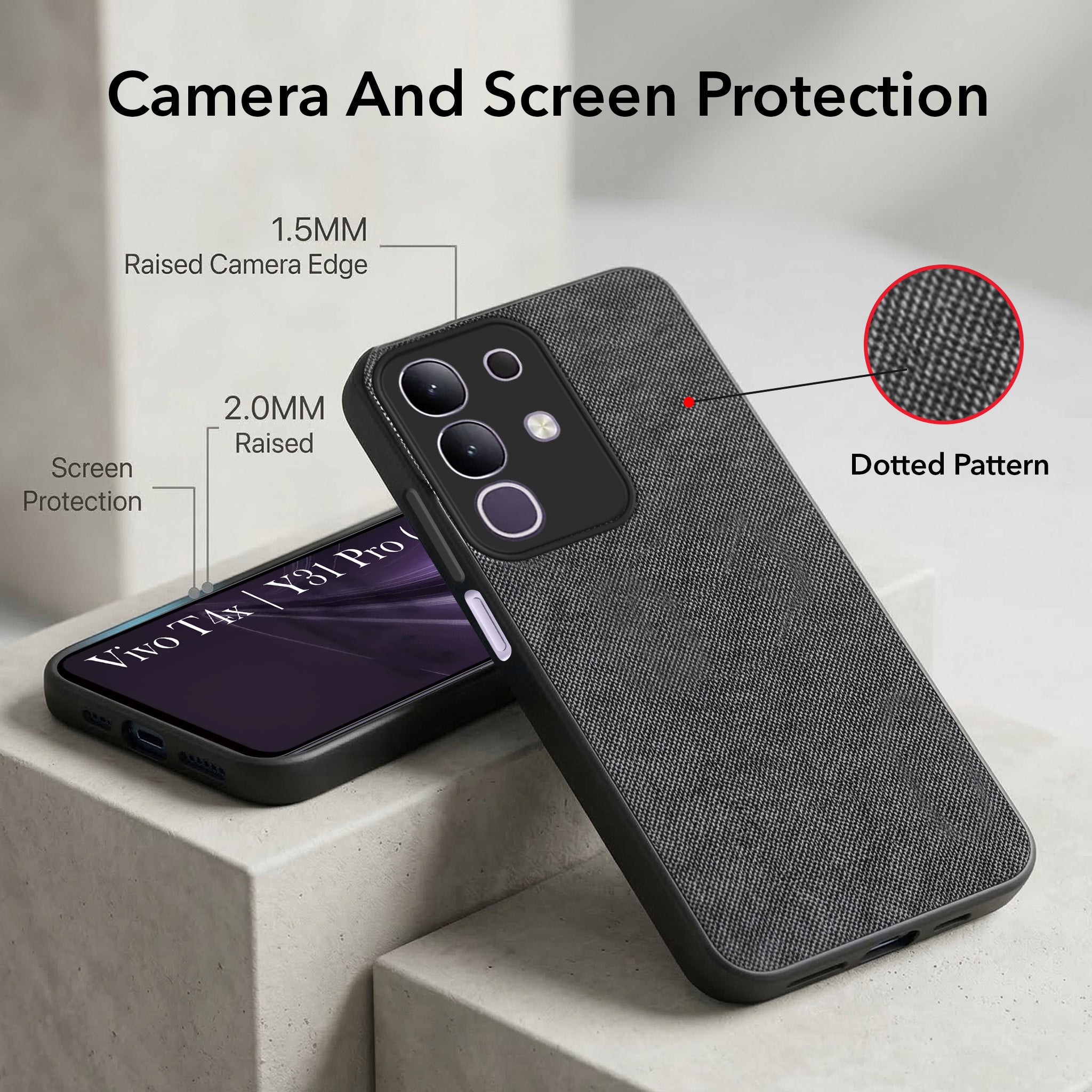 For Vivo T4x | Vivo Y31 Pro Combo with Back Cover and 9H Tempered Glass (Textured Grip Design | Micro-Fiber Cloth Inside | Oleophobic Coating Screen Glass)