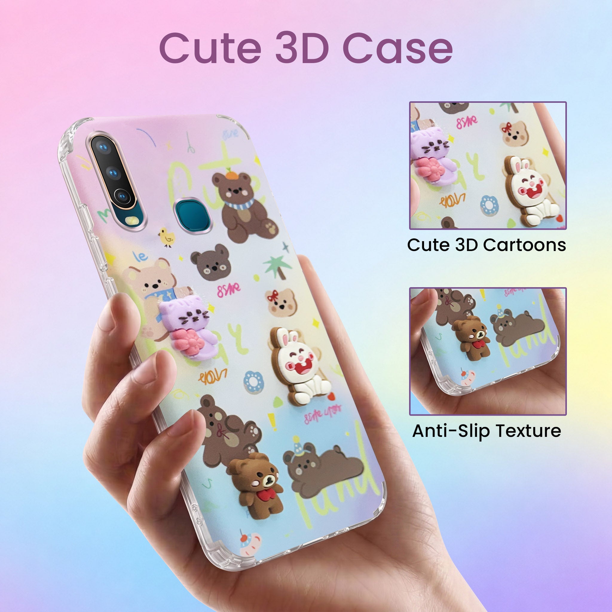 For Vivo U10 Back Cover Case (3D Cute Cartoons | Hard Back Side Soft | Matte Premium Finish | HD Printing)