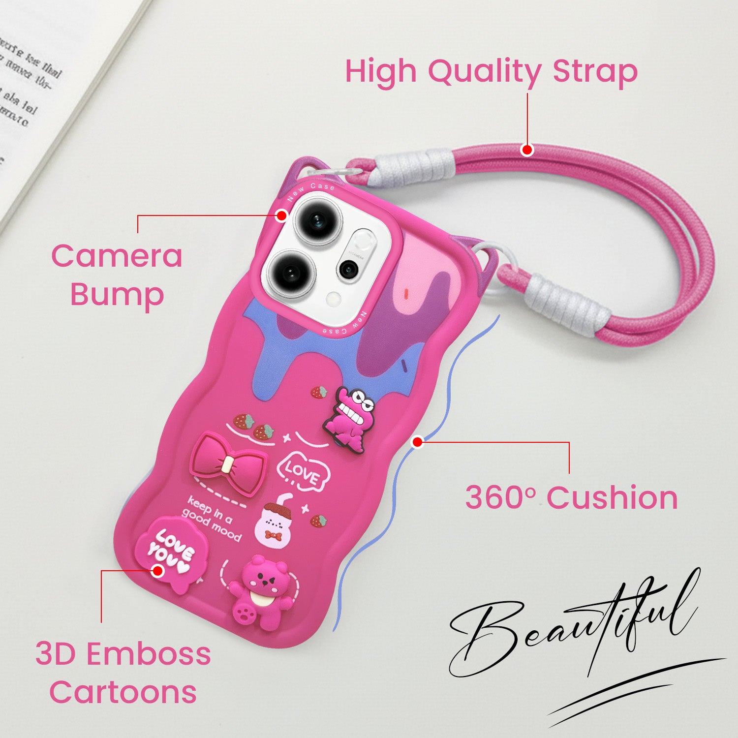 For Oppo Reno14 5G | Oppo Reno 14 5G Back Case Cover Strap (3D embossed Figures | Strap Holder | 360* Soft Cushion with Camera Bump)