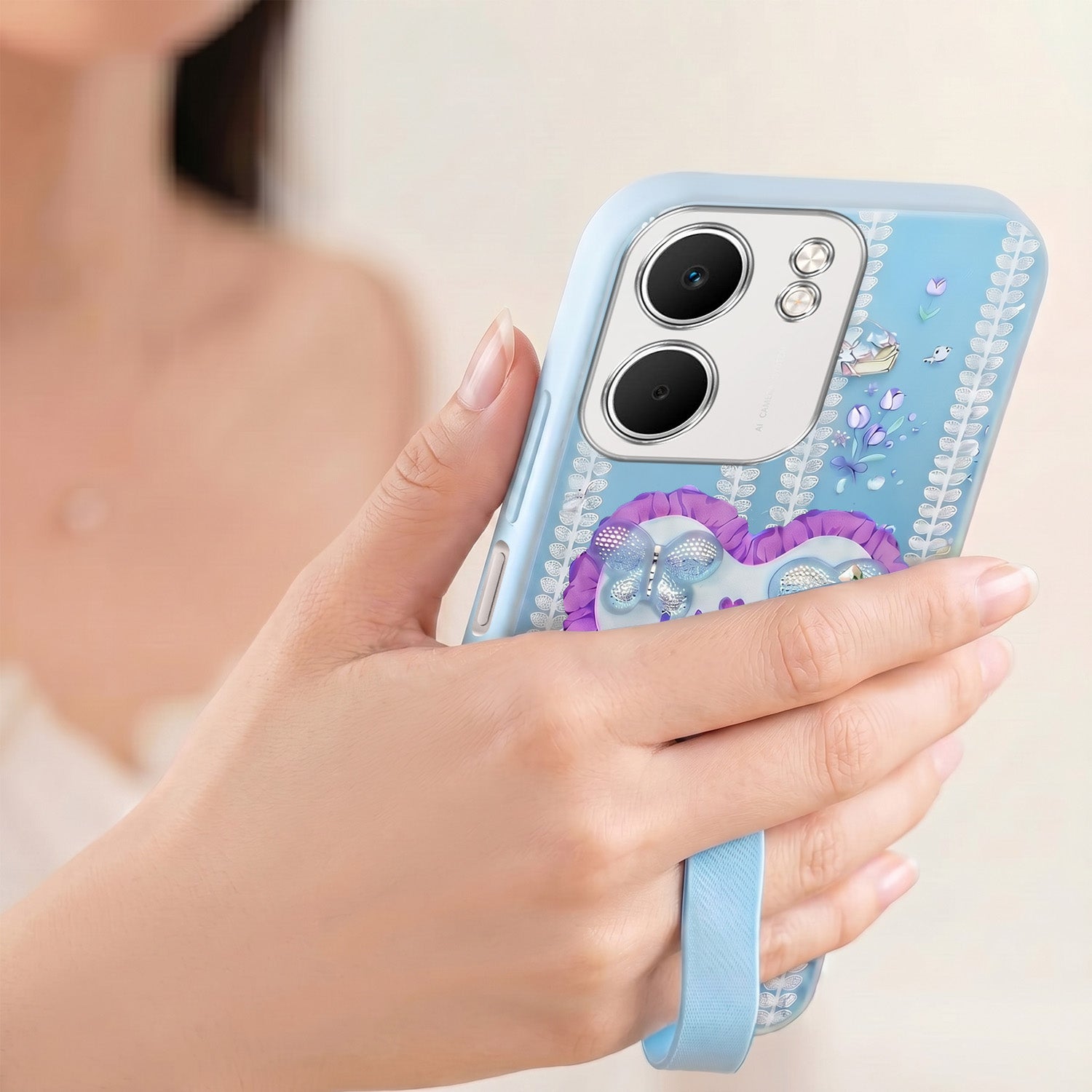 For Oppo A5X Back Cover Case (3D Cute Heart Strap Holder | Camera Protection | Designer Girls Print)