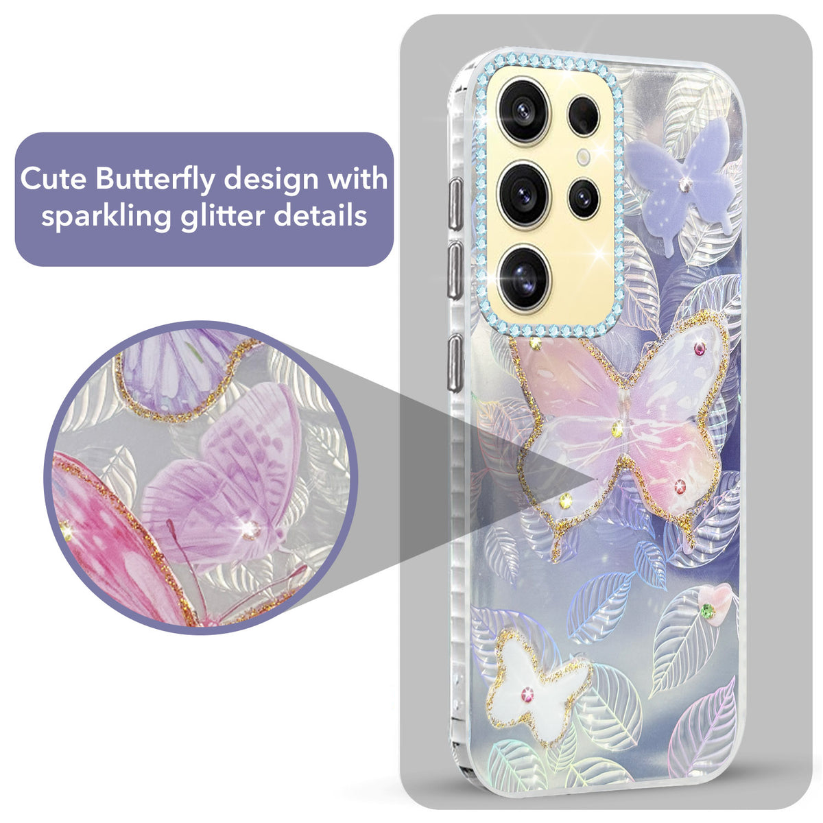 For Samsung Galaxy S24 Ultra Back Cover Case (Luxury Floral Glitter Cute Butterfly | Diamond Studded Camera Bump | Girls & Women Design)