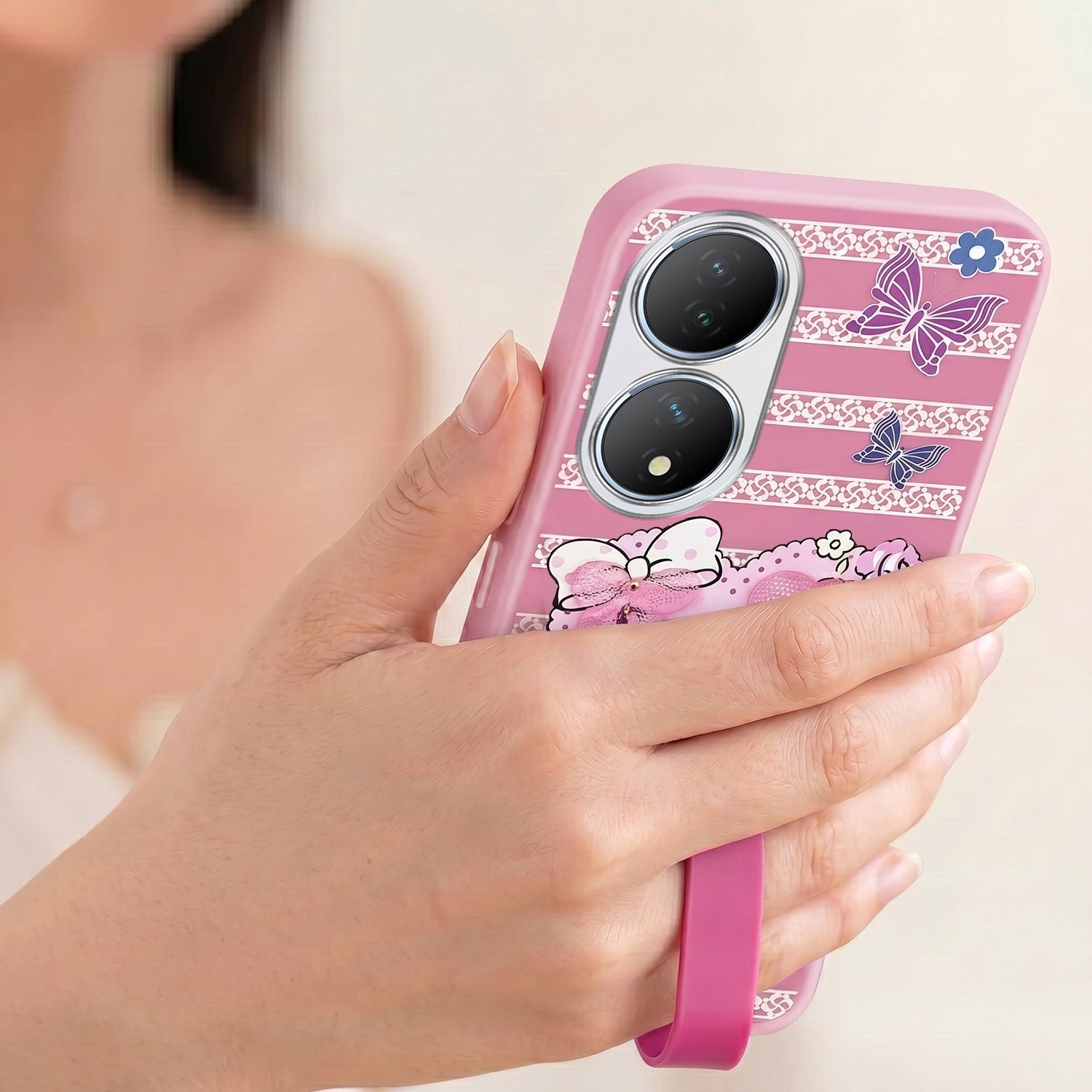 For Vivo Y100 Back Cover Case (3D Cute Heart Strap Holder | Camera Protection | Designer Girls Print)