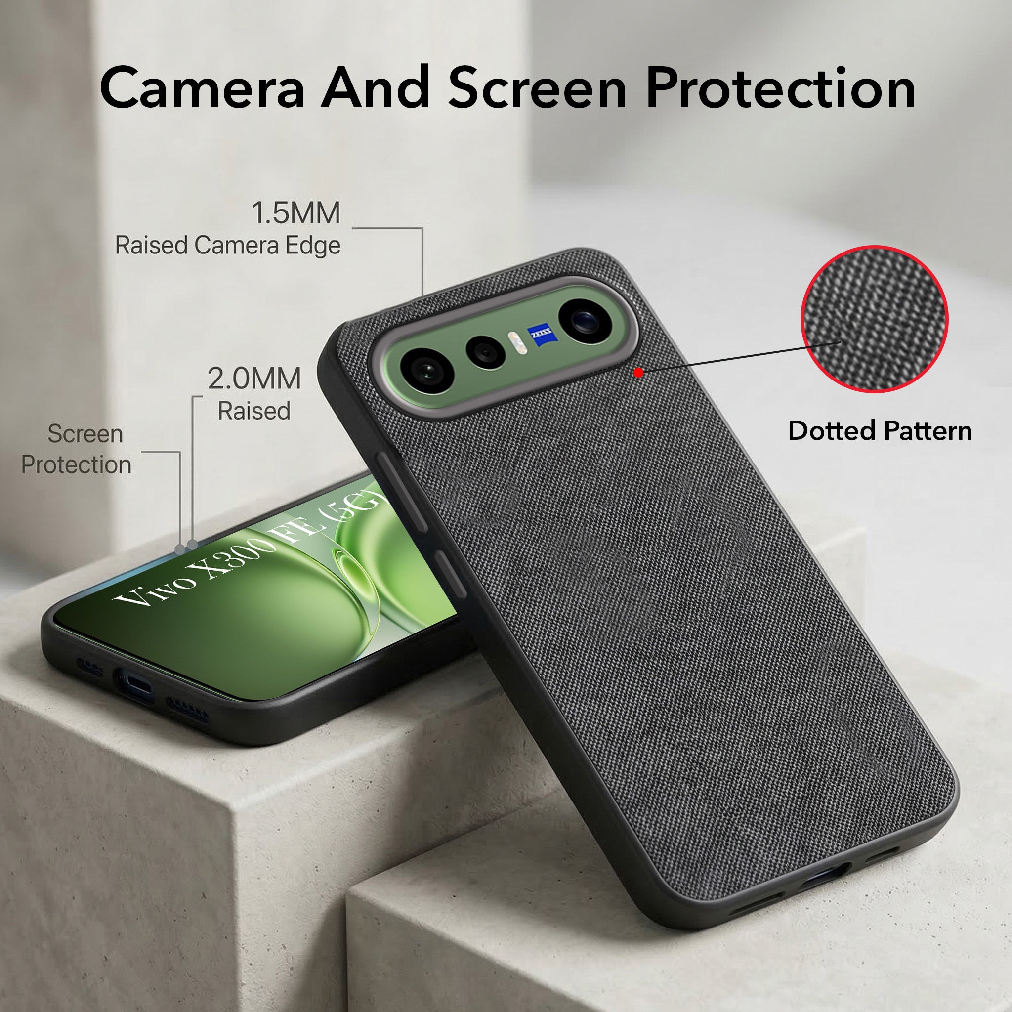 For Vivo X300 FE Combo with Back Cover and 9H Tempered Glass (Textured Grip Design | Micro-Fiber Cloth Inside | Oleophobic Coating Screen Glass)