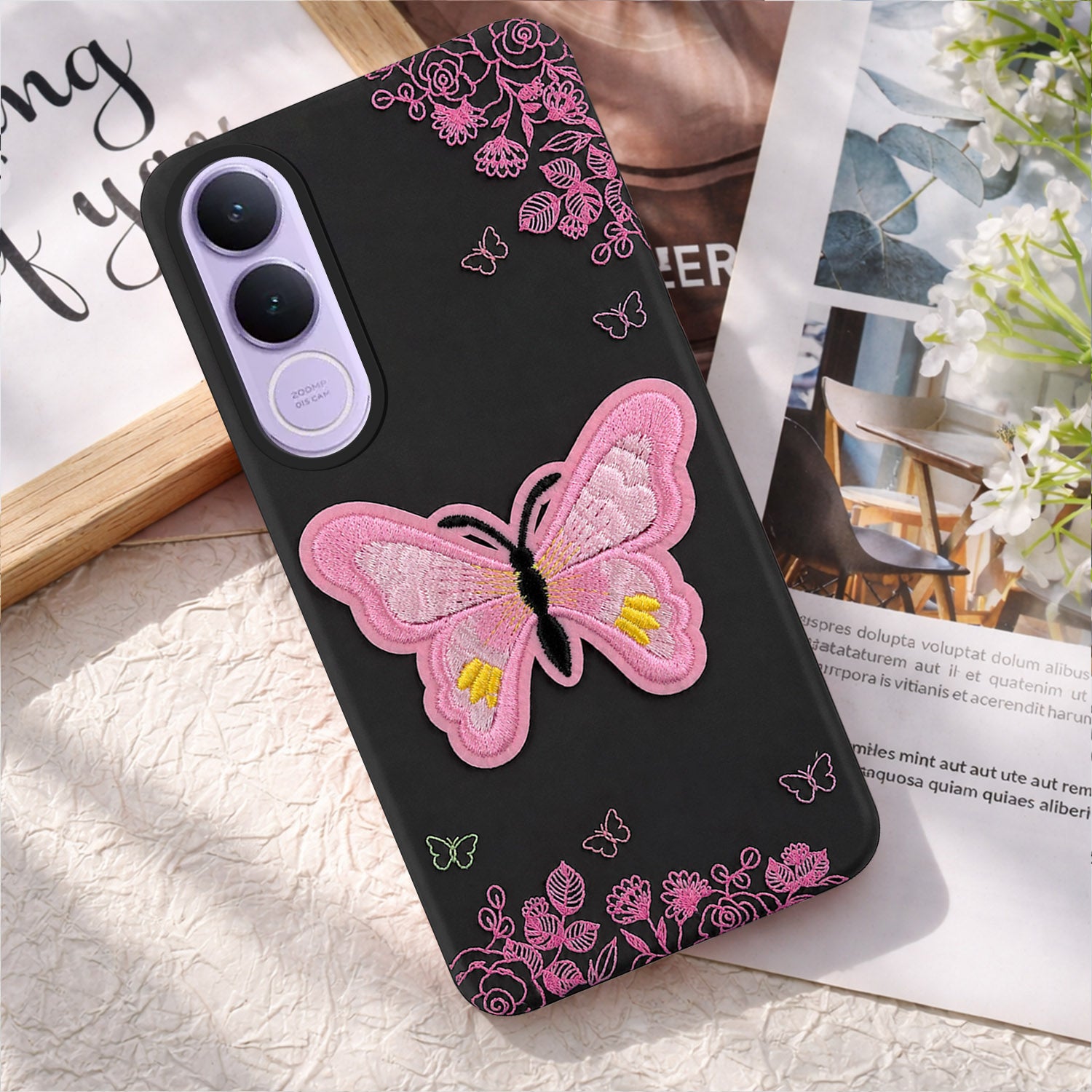 For Vivo V70 FE 5G Back Cover Case (Soft Butterfly Embroidery | Women Teen Girls | Camera Protection| Matte Silicone)
