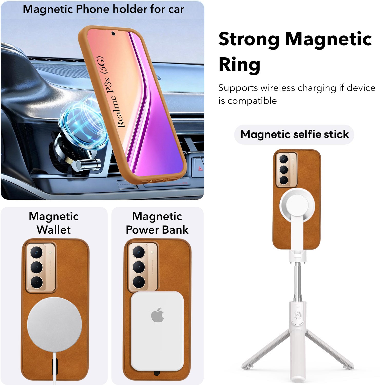 For Realme P3x Back Cover Case Leather Finish (MagSafe Compatible Wireless Charging | Soft Touch | Camera Bump Protection)