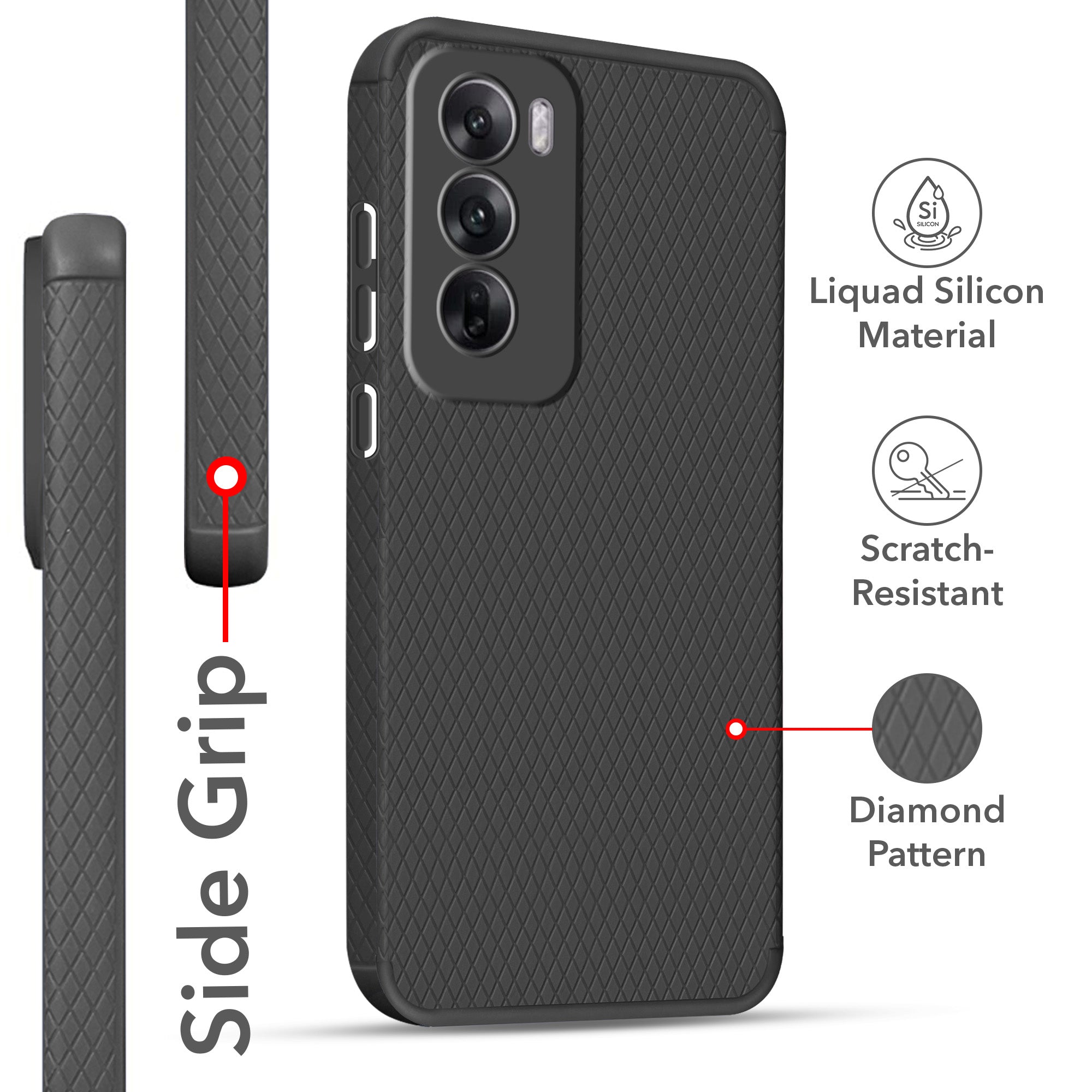 For Oppo Reno12 5G | Oppo Reno 12 5G Back Cover Case  (Liquid Silicone | Side Grip | Camera Protection)