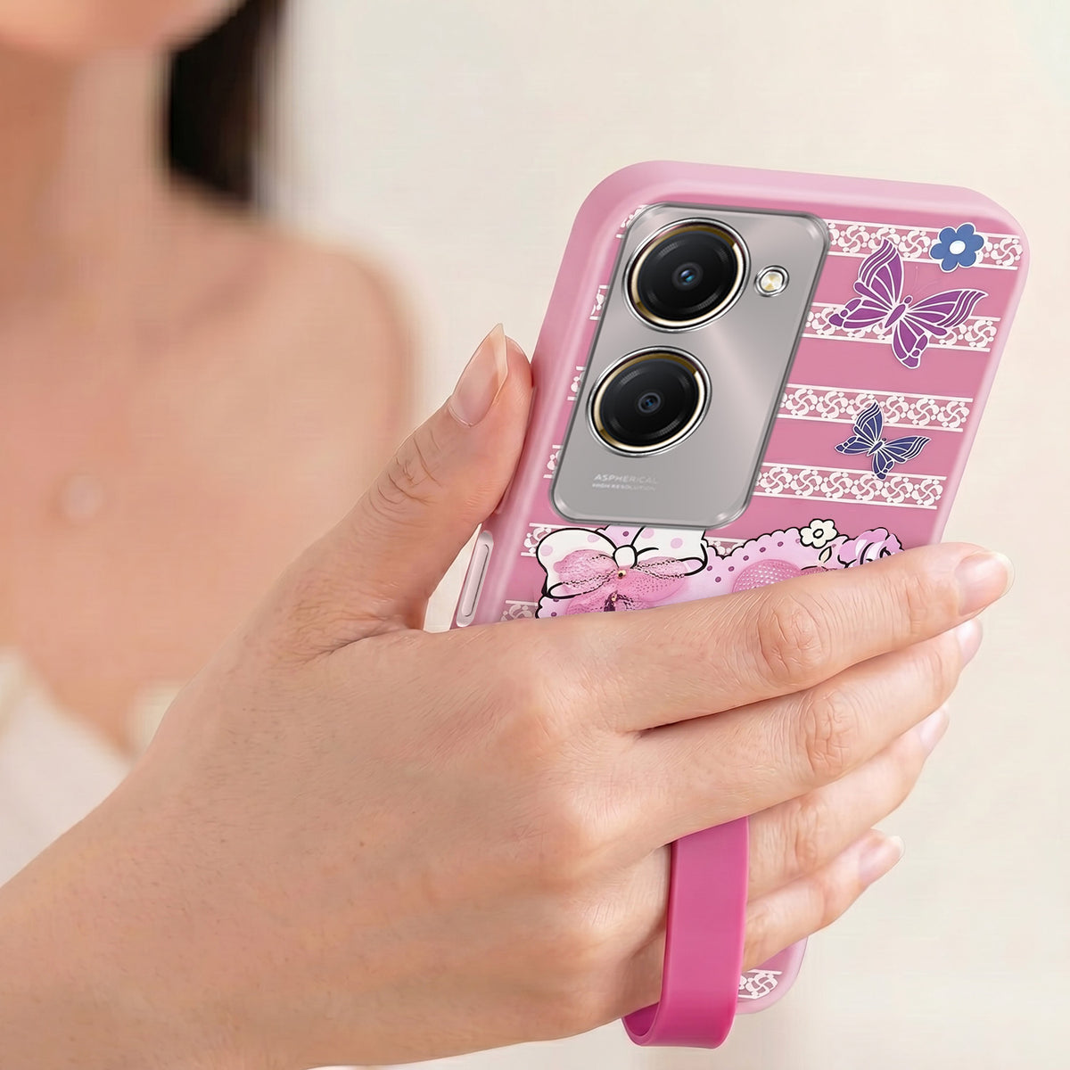 For Vivo Y28s 5G | Vivo T3 Lite 5G Back Cover Case (3D Cute Heart Strap Holder | Camera Protection | Designer Girls Print)