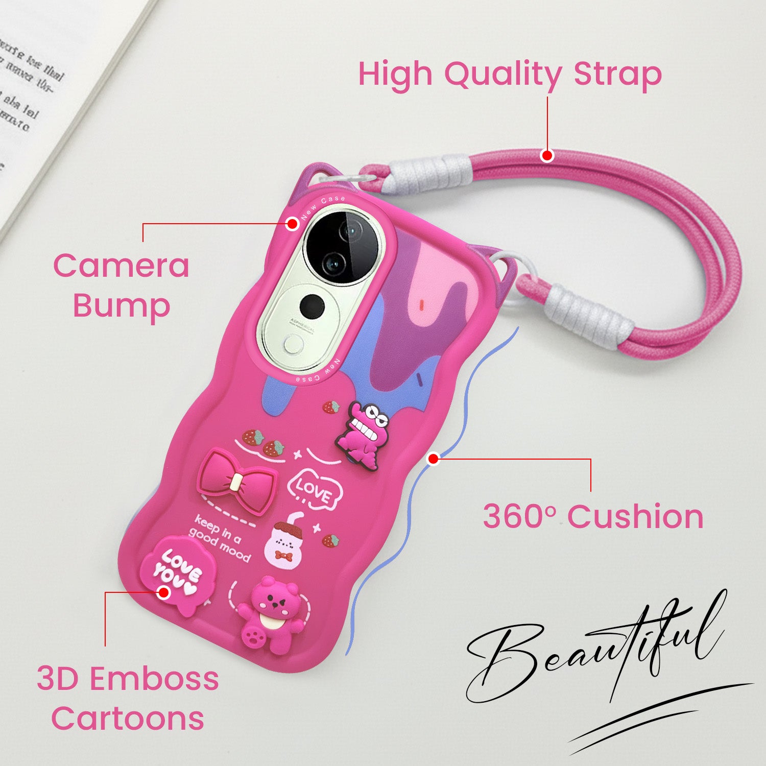 For Vivo T3 Ultra Back Case Cover Strap (3D embossed Figures | Strap Holder | 360* Soft Cushion with Camera Bump)