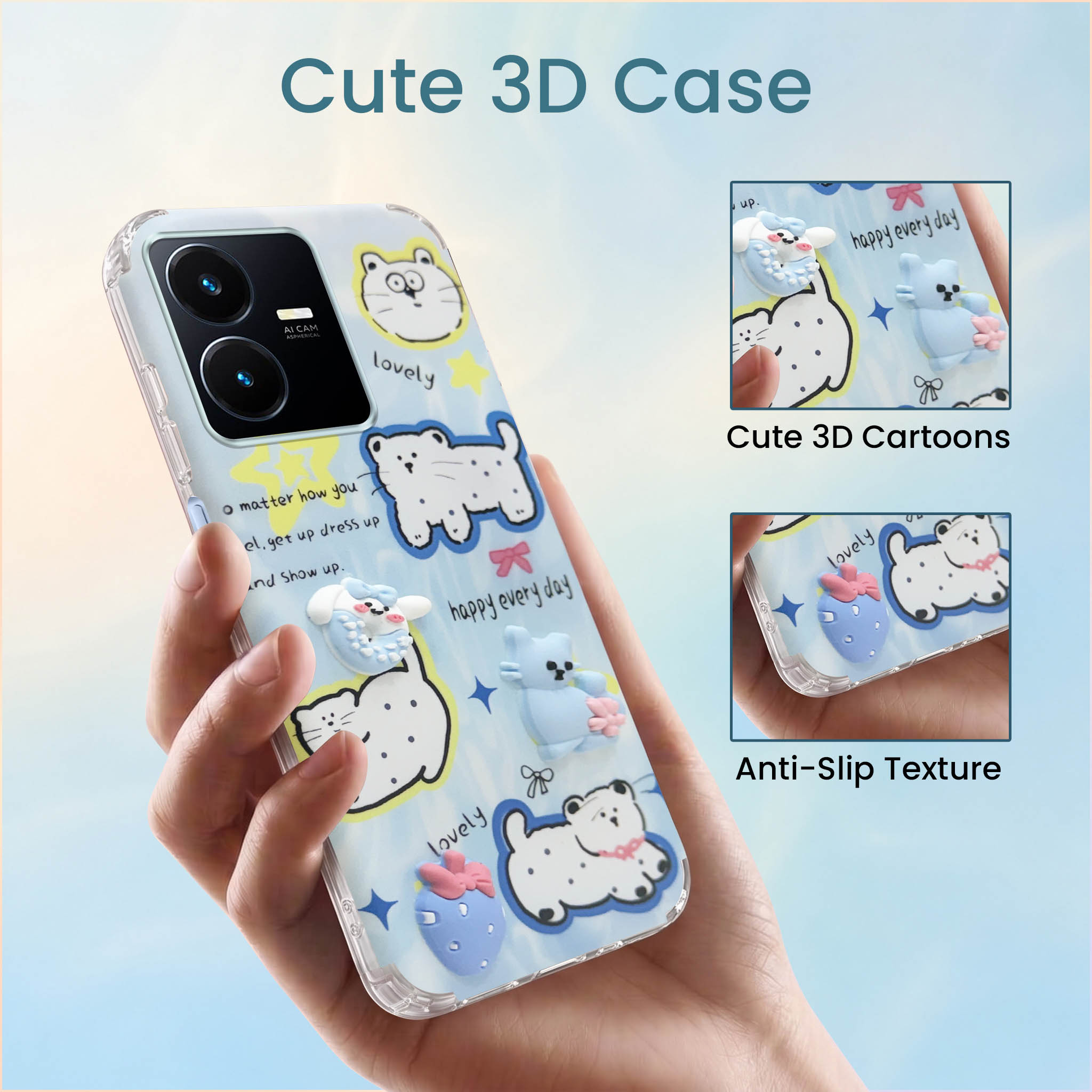 For Vivo Y22 | Vivo Y22s Back Cover Case (3D Cute Cartoons | Hard Back Side Soft | Matte Premium Finish | HD Printing)