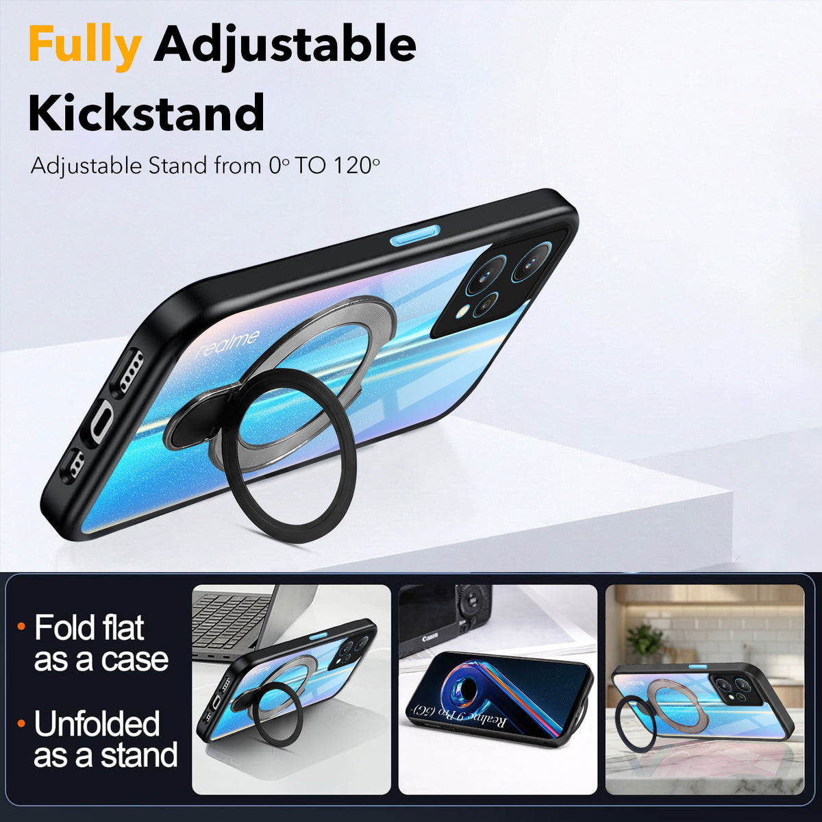 For Realme 9 Pro Back Cover Case (Kick Stand Ring Holder | Life time Anti Yellow | Camera Protection)