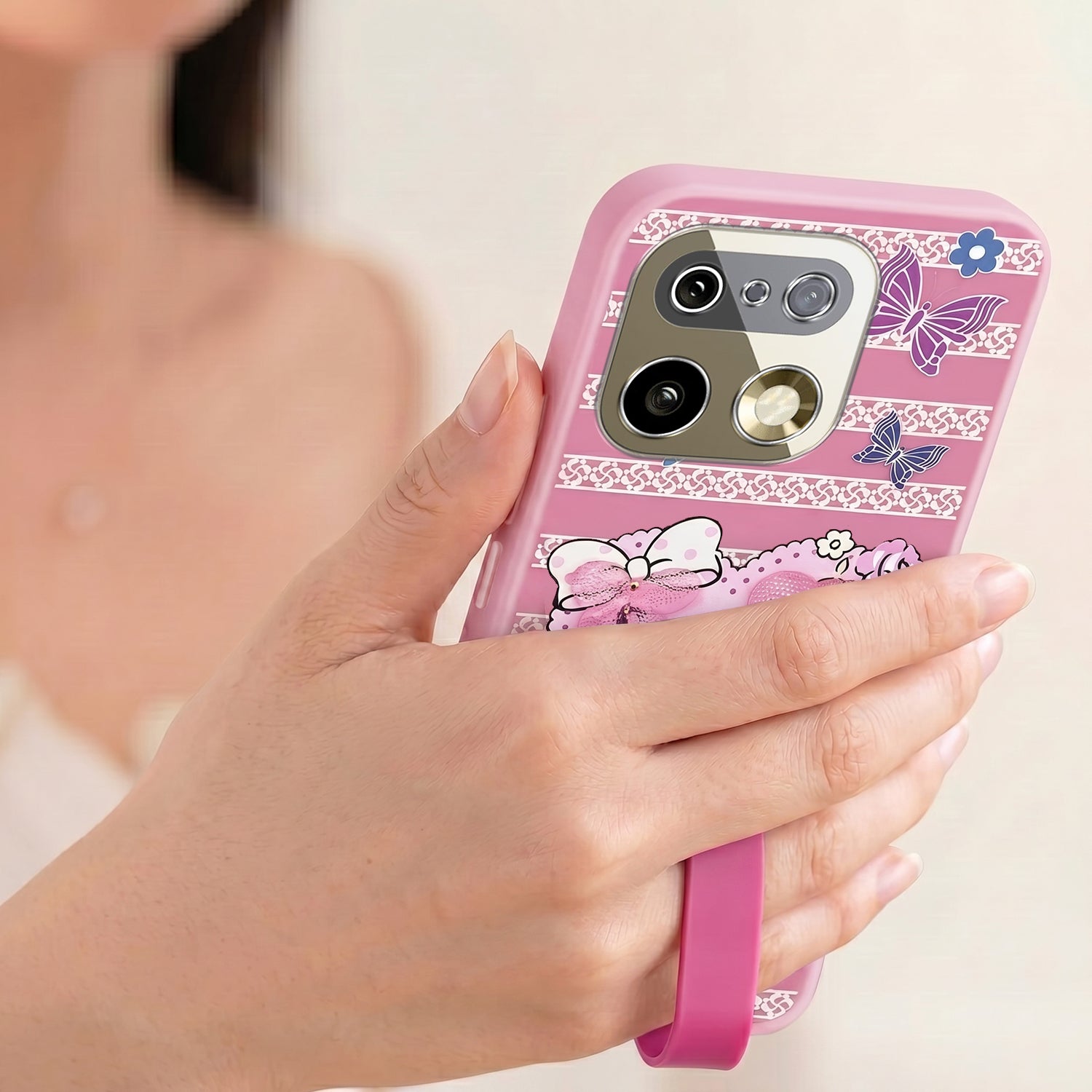 For Realme 16 Pro Plus 5G Back Cover Case (3D Cute Heart Strap Holder | Camera Protection | Designer Girls Print)