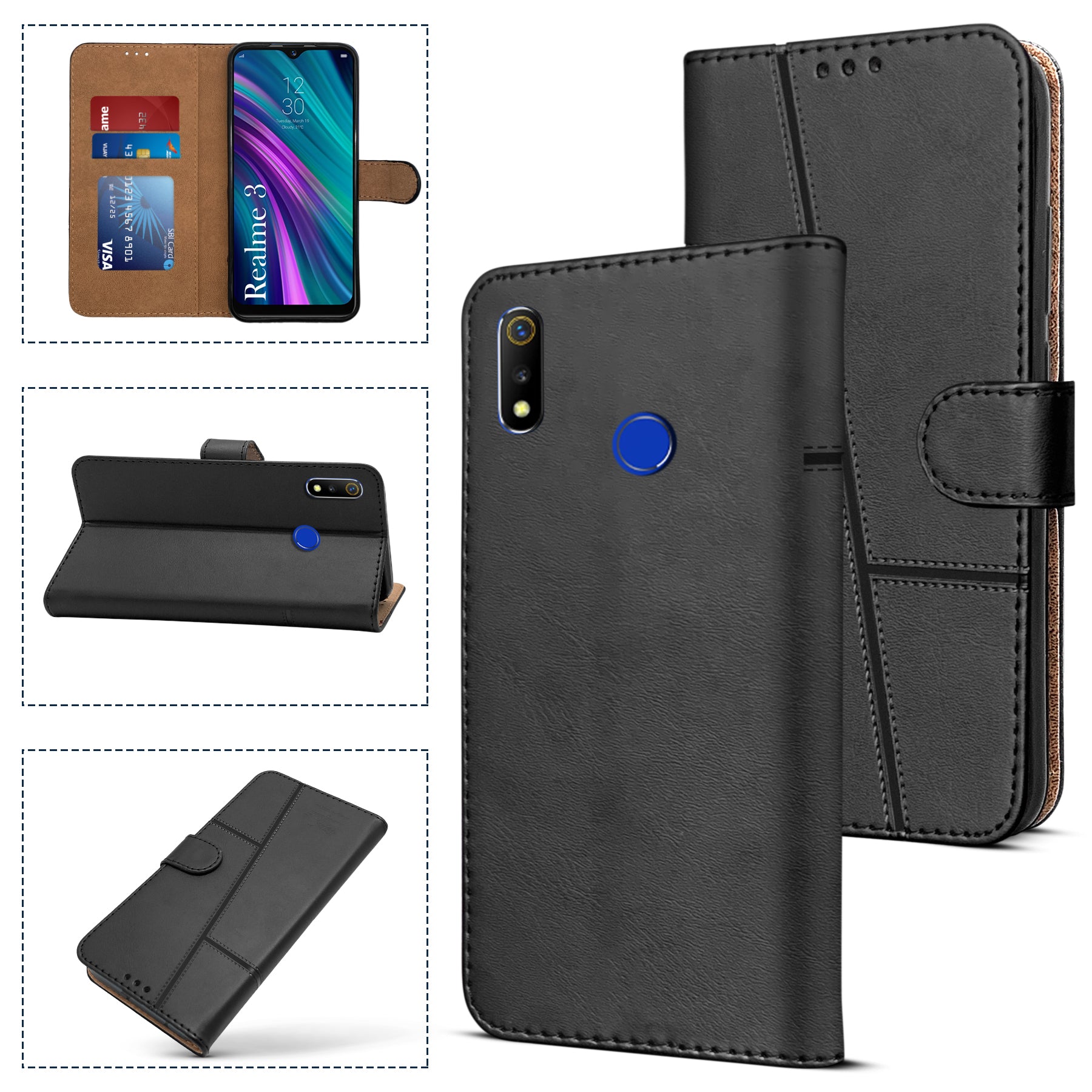 For Realme 3 | Realme 3i Flip Cover Case (Stitched Leather with Magnetic Closure)