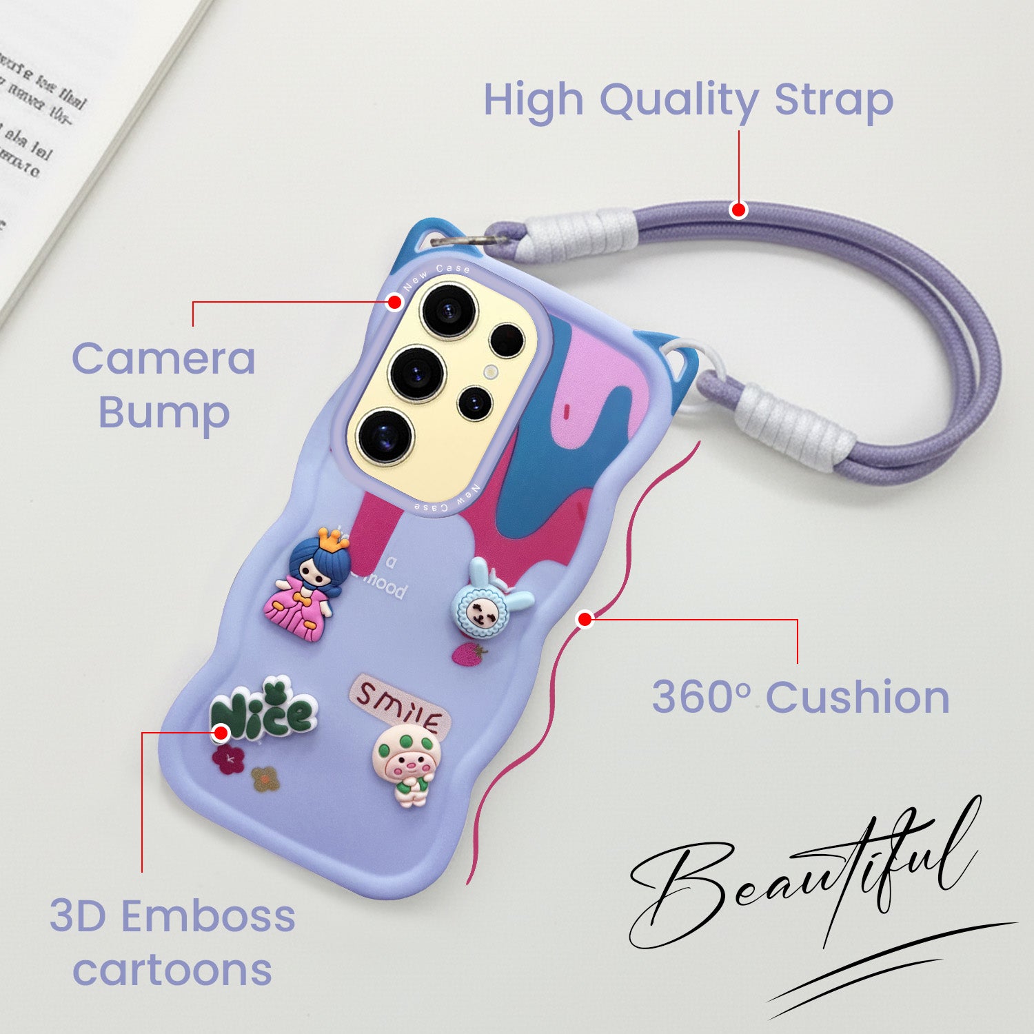 For Samsung Galaxy S24 Ultra Back Case Cover Strap (3D embossed Figures | Strap Holder | 360* Soft Cushion with Camera Bump)
