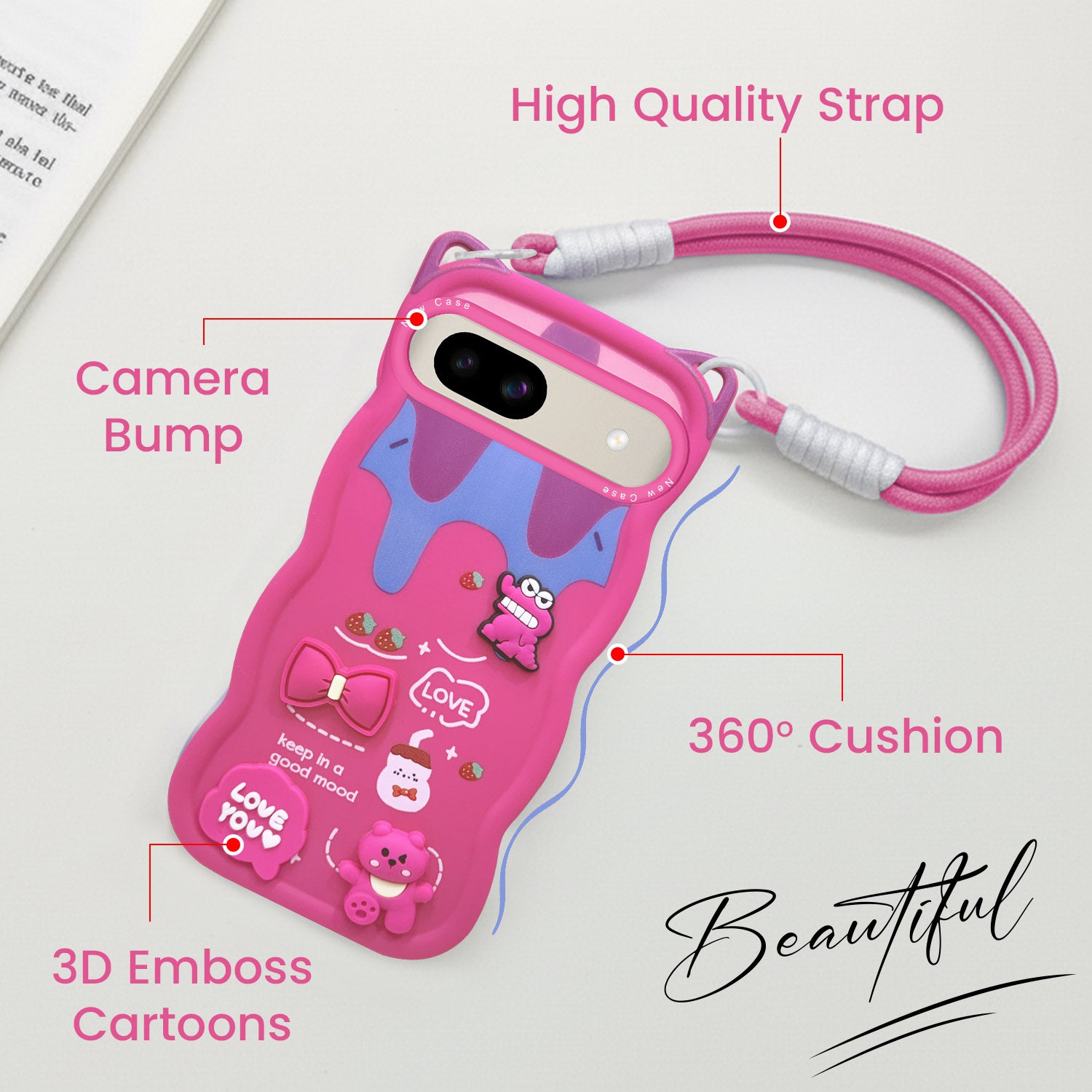 For Google Pixel 8a Back Case Cover Strap (3D Embossed Figures | Strap Holder | 360* Soft Cushion with Camera Bump)