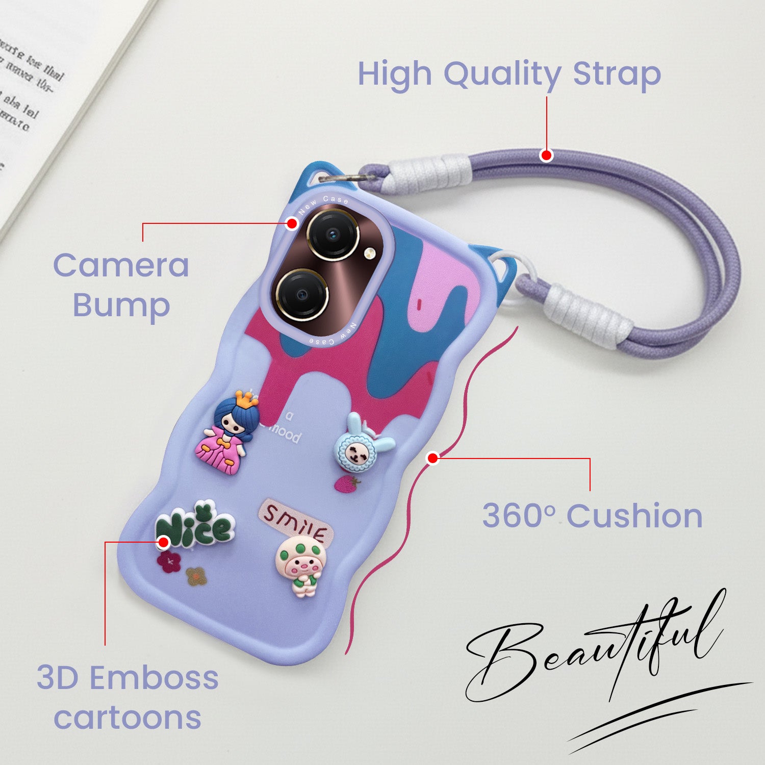 For Vivo iQOO Z9 Lite Back Case Cover Strap (3D embossed Figures | Strap Holder | 360* Soft Cushion with Camera Bump)