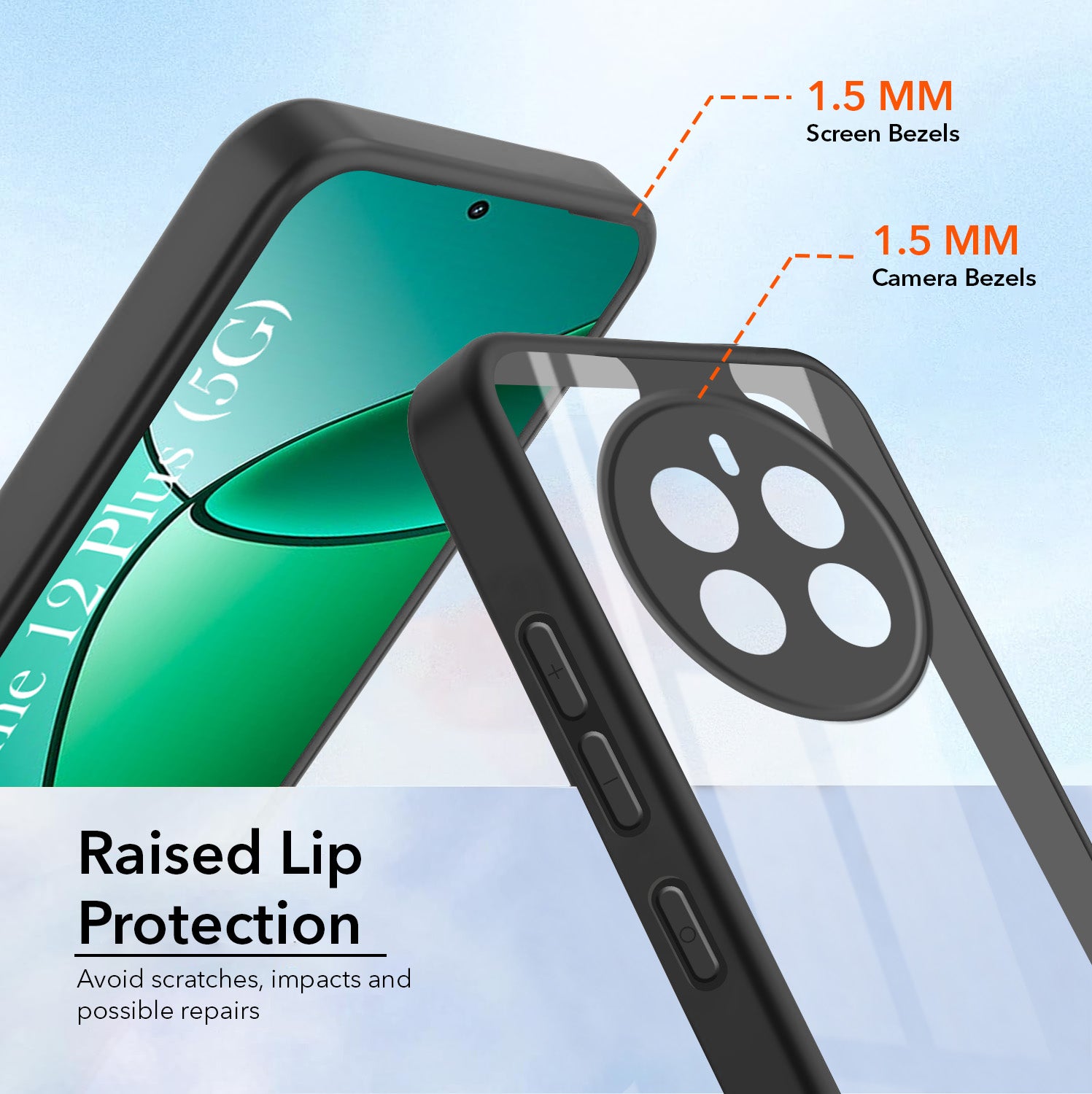For Realme 12 Plus Combo with Back Cover and 9H Tempered Glass (Lifetime Anti-Yellow | Crystal Clear Shockproof | Oleophobic Coating Screen Glass)